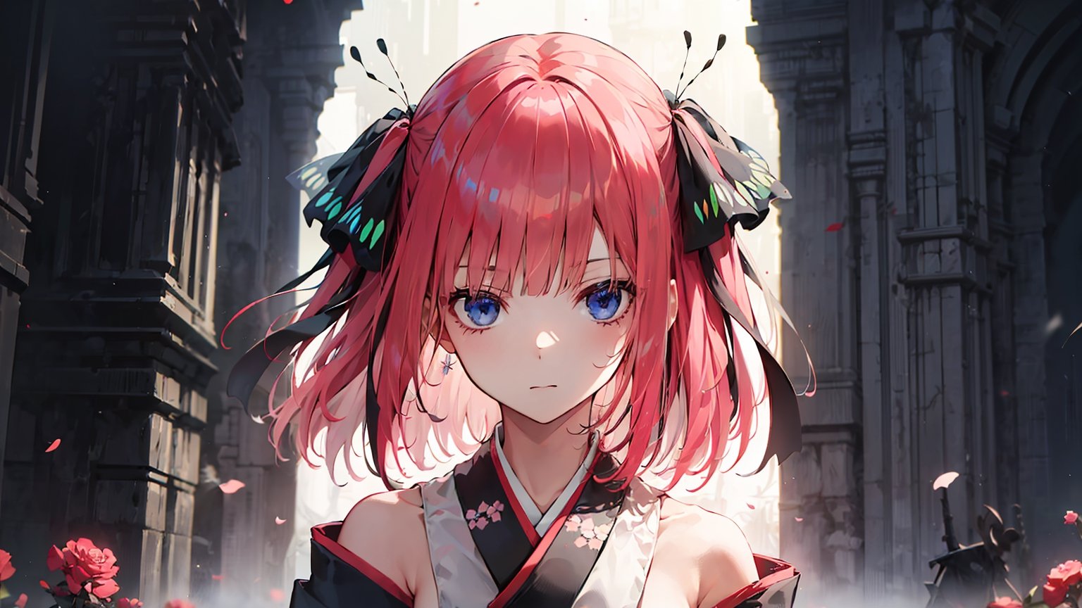 ((nino nakano, short hair, bangs, blue eyes, hair ornament, hair ribbon, pink hair, blunt bangs, two side up, butterfly hair ornament,)),

masterpiece, best quality, extremely detailed, absurdres, expressive clothes, fine fabric emphasis, ray tracing, fantasy style, 1girl , upper body , portrait , tilted head , hanfu , obi , kimono , (split-color hair:1.4) , off shoulder, pink eyes , Japanese architecture, indoor , light and shadow, crystal flower, crystal,solid warm colors,1 girl, goose feather snow, plum blossom, Arcadia,school uniform