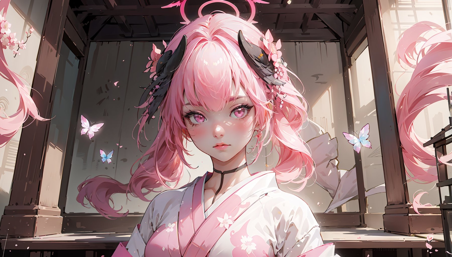 ((koharurnd `pink hair,))

masterpiece, best quality, extremely detailed, absurdres, expressive clothes, fine fabric emphasis, ray tracing, fantasy style, 1girl, upper body, portrait, tilted head, hanfu, obi, kimono, (split-color hair:1.4), off shoulder, , Japanese architecture, indoor, light and shadow, crystal flower, crystal,