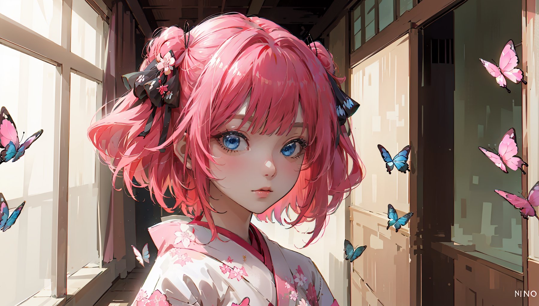 ((nino nakano, short hair, bangs, blue eyes, hair ornament, hair ribbon, pink hair, blunt bangs, two side up, butterfly hair ornament,,,))

masterpiece, best quality, extremely detailed, absurdres, expressive clothes, fine fabric emphasis, ray tracing, fantasy style, 1girl, upper body, portrait, tilted head, hanfu, obi, kimono, (split-color hair:1.4), off shoulder, , Japanese architecture, indoor, light and shadow, crystal flower, crystal,