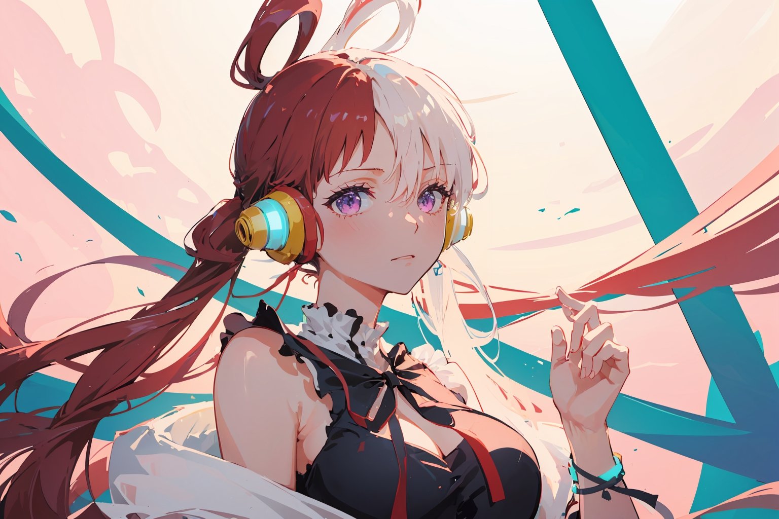 ((uta_onepiece, long hair, headphones, ribbon, twintails,))

(masterpiece:1.3), (best quality:1.3), high resolution, master-piece, bestquality, 1girls,15 years old, (masterpiece:1.2, best quality,), (Soft light), (shiny skin), 1girls, off shoulders,hair, between breasts, medium breast, breasts, choker, cleavage, collarbone, hair, looking at viewer, pink background, facing breasts, , womb tattoo,solo, female_solo,1 girl, 1 girl, one girl,upper body,,sketch,kanroji_mitsuri,shion,uta_onepiece