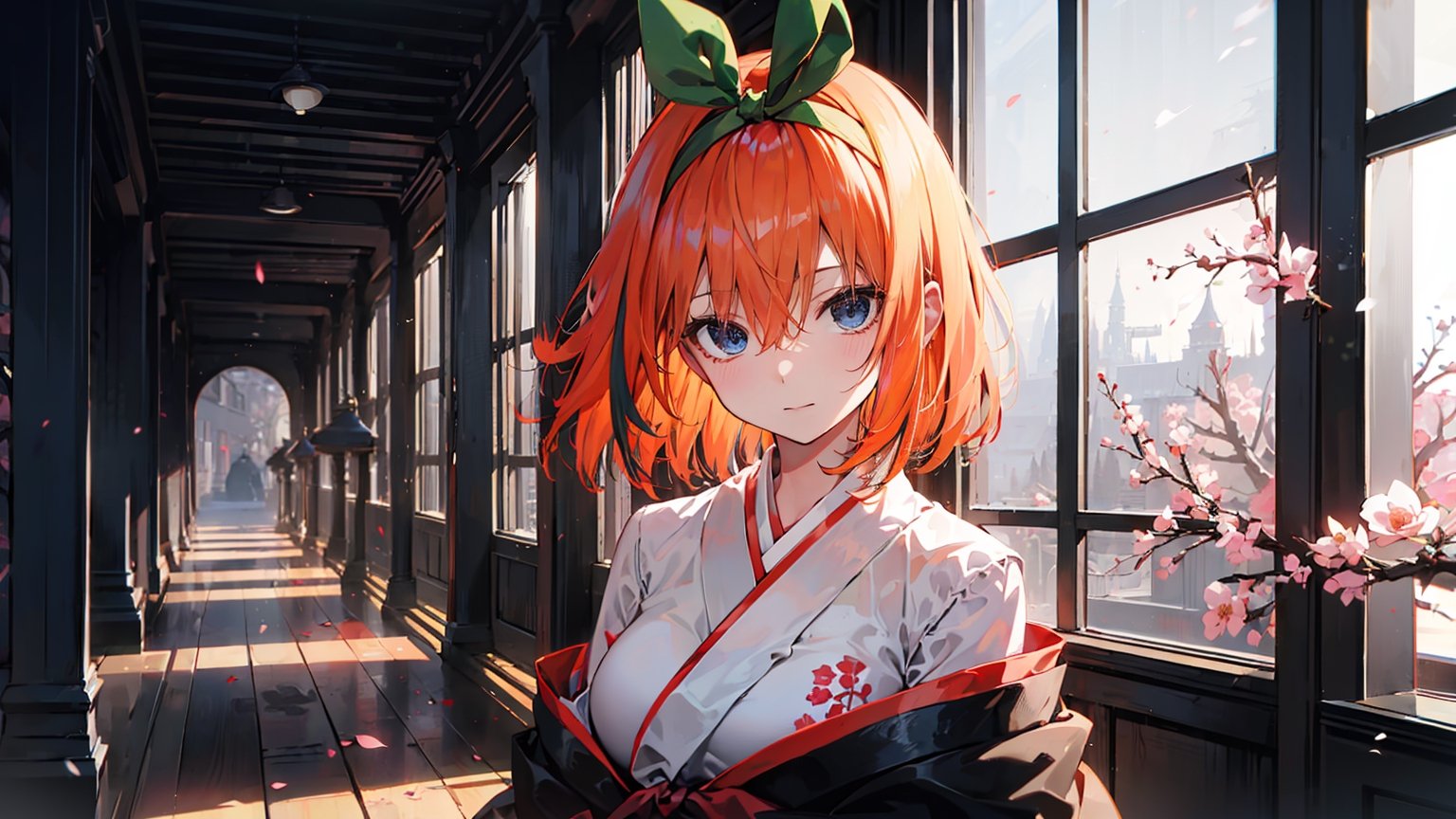 (( yotsuba nakano, bangs, short hair, blue eyes, hair between eyes, hair ribbon, hairband, orange hair, green ribbon,,)),

masterpiece, best quality, extremely detailed, absurdres, expressive clothes, fine fabric emphasis, ray tracing, fantasy style, 1girl , upper body , portrait , tilted head , hanfu , obi , kimono , (split-color hair:1.4) , off shoulder, pink eyes , Japanese architecture, indoor , light and shadow, crystal flower, crystal,solid warm colors,1 girl, goose feather snow, plum blossom, Arcadia,school uniform