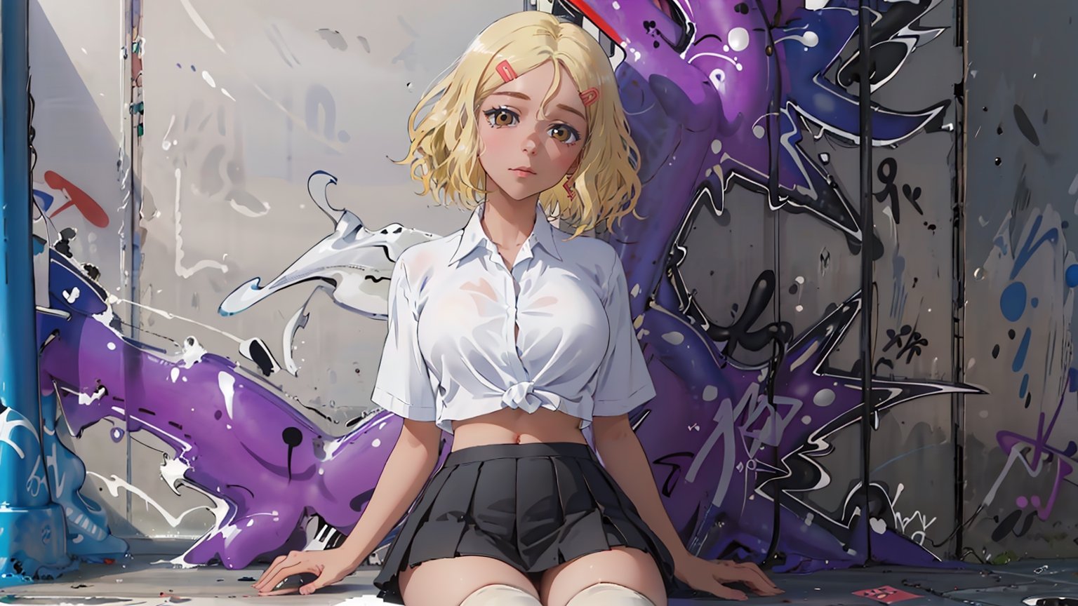 ((Sakura, blonde hair, hair ornament, hairclip, brown eyes, dark skin, breasts,))

nude top, , (((shirt lift shirt))),masterpiece:1.2, (masterpiece:1.3), (best quality:1.3), high resolution, master-piece, bestquality, 1girls, 15 years old, hairstyle, proportional body, crop top, oversized breasts, crop top, miniskirt, thighhighs, (Graffiti:1.5), sitting Splash with purple lightning pattern., arm behind back, against wall, View viewers from the front., Thigh strap, Head tilt, bored, , girl,Sakura, blonde hair