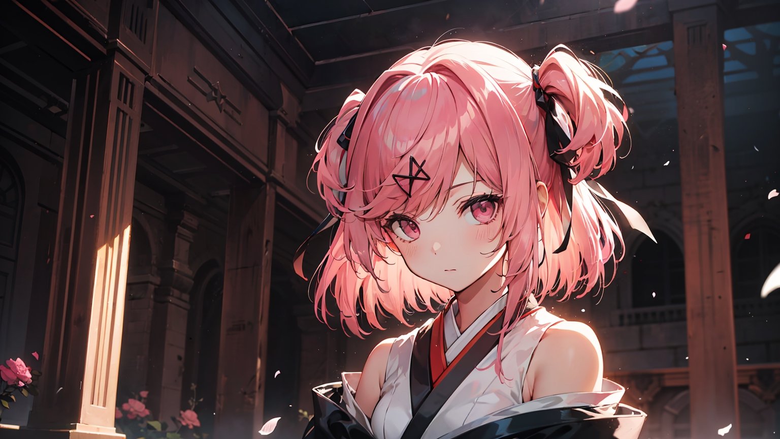 ((natsuki, pink eyes, pink hair, two side up, hair ornament, hair ribbon,)),

masterpiece, best quality, extremely detailed, absurdres, expressive clothes, fine fabric emphasis, ray tracing, fantasy style, 1girl , upper body , portrait , tilted head , hanfu , obi , kimono , (split-color hair:1.4) , off shoulder, pink eyes , Japanese architecture, indoor , light and shadow, crystal flower, crystal,solid warm colors,1 girl, goose feather snow, plum blossom, Arcadia,school uniform