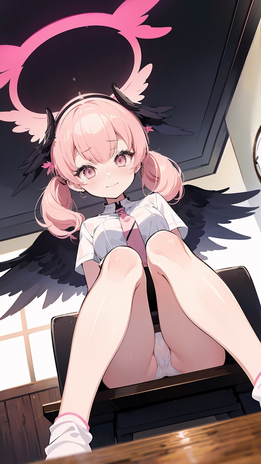 ((koharu, pink hair, medium hair, twintails, tied hair, pink eyes, halo,ow wings, head wings, )),

masterpiece, table top、highest quality、High resolution、1 girl、alone、low length、thin legs、shy、smile、blush、big 、long twin tails、visor cap、pink ribbon、white shirt、(white panties with detailed decorations)、clock、Bedroom、A photo of the subject taken from below、(Change of clothes、filming her from below)、black tights、legs closed、Crouching panty shot