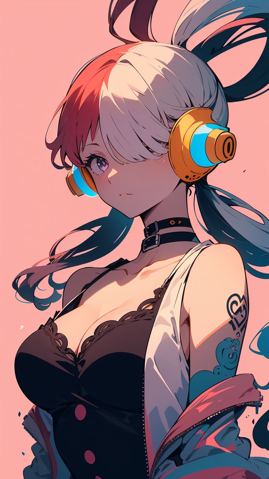 ((uta_onepiece, long hair, headphones, ribbon, twintails,))

(masterpiece:1.3), (best quality:1.3), high resolution, master-piece, bestquality, 1girls,15 years old, (masterpiece:1.2, best quality,), (Soft light), (shiny skin), 1girls, off shoulders,hair, between breasts, medium breast, breasts, choker, cleavage, collarbone, hair, looking at viewer, pink background, facing breasts, , womb tattoo,solo, female_solo,1 girl, 1 girl, one girl,upper body,,sketch,portrait, illustration, fcloseup, face, rgbcolor, emotion