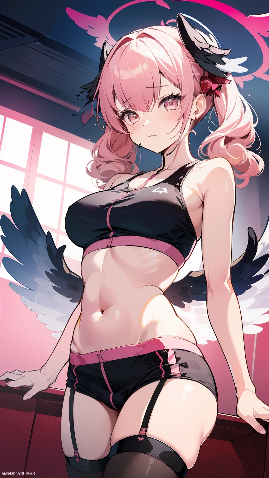 ((koharu, pink hair, medium hair, twintails, tied hair, pink eyes, halo,ow wings, head wings, )),

1girl, 8k, best quality, perfect body, UHD, meisterwerk, Beautiful girl, seductive girl, anime-girl, anime stil, ((sportlich, schlank, sehr schlanke beine, leichte bauchmuskeln, pinke haare, two braids, pinke augen, Big )), ((wearing a pink sports bra, wearing a pink wavy miniskirt, wears high stockings, wears garters, wears waist ties, nackte schultern, jacke, zeigt bauch)), sexy, lehnt sich an die wand, Anime-Ganzkörperillustration, cool, atraktives-animegirl, looks at the viewer at eye level