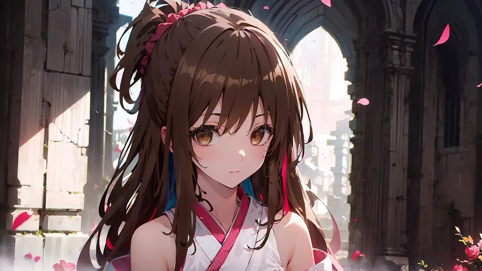 ((mikan yuuki, (brown eyes:1.5), brown hair, hair ornament, hair scrunchie, long hair, pink scrunchie, scrunchie,,)),

masterpiece, best quality, extremely detailed, absurdres, expressive clothes, fine fabric emphasis, ray tracing, fantasy style, 1girl , upper body , portrait , tilted head , hanfu , obi , kimono , (split-color hair:1.4) , off shoulder, pink eyes , Japanese architecture, indoor , light and shadow, crystal flower, crystal,solid warm colors,1 girl, goose feather snow, plum blossom, Arcadia,school uniform,hoshino ai,mikan yuuki