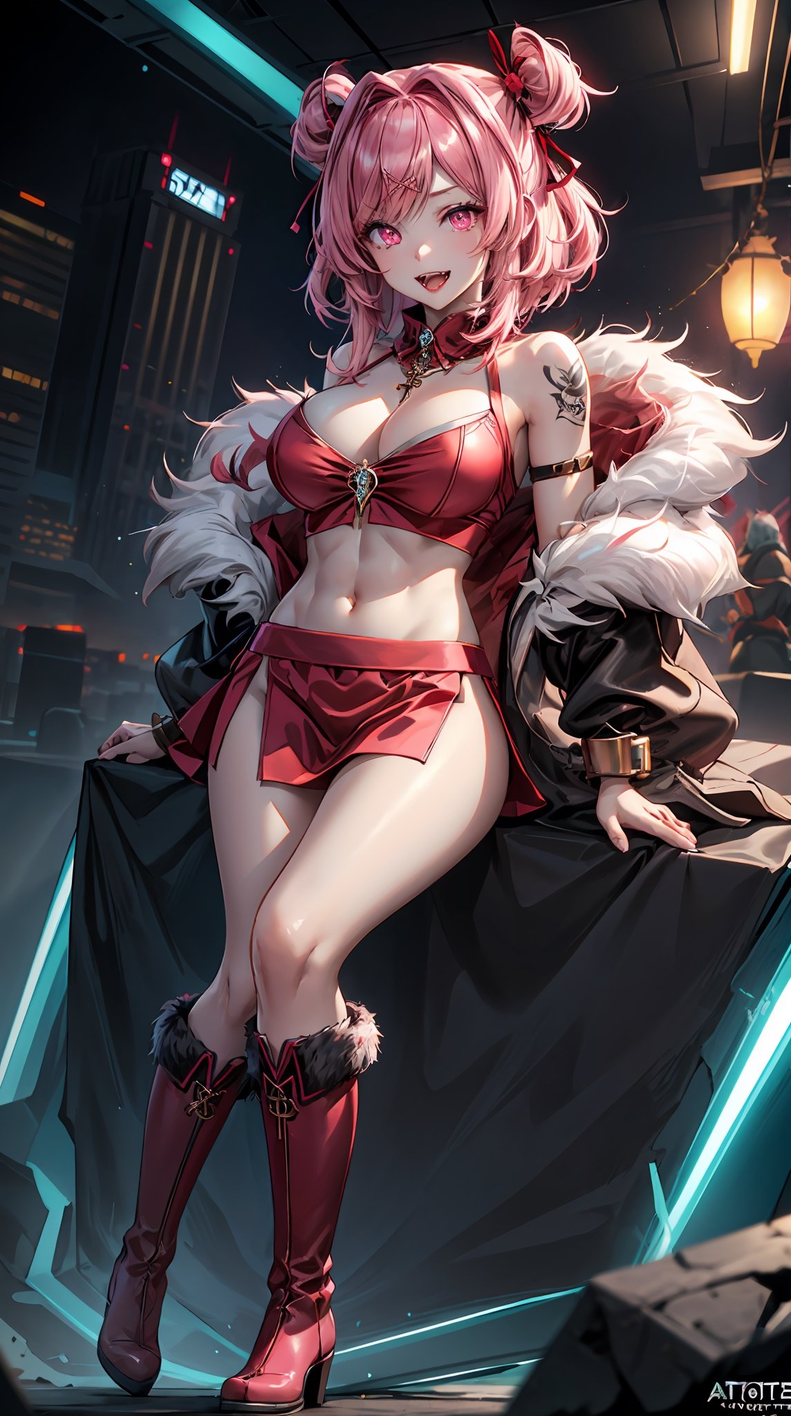 (natsuki, pink eyes, pink hair, two side up, hair ornament, hair ribbon),werewolf girl, ((fluffy skin)), paws on foots, fluffy fur on body, ((fangs)), tight crop top, cleavage, decolette, huge metal bracelets, huge metal collar, high over-the-knee boots, light red extremely_detailed_(lacy, fur, silk, satin)_(clothing, skirt), (light red clothing), detailed face, detailed beautiful shiny eyes, slit pupils, metallic reflections, futuristic city square, (tatooed, marked)_fit_muscular_body, (((1girl))), portrait, (), natural breasts, medium length hair, masterpiece, best quality, beautiful and aesthetic:1.2, fractal art:1.4, 16K, HDR, RTX, Ray Tracing, Radiosity, Anisotropic Filtering, Subsurface Scattering,