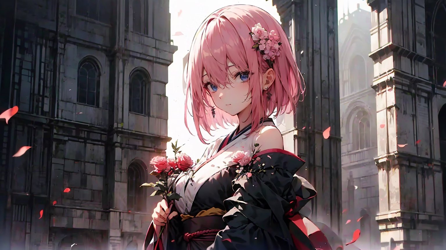 (( ichika nakano, short hair, bangs, blue eyes, hair between eyes, pink hair, earrings,,)),

masterpiece, best quality, extremely detailed, absurdres, expressive clothes, fine fabric emphasis, ray tracing, fantasy style, 1girl , upper body , portrait , tilted head , hanfu , obi , kimono , (split-color hair:1.4) , off shoulder, pink eyes , Japanese architecture, indoor , light and shadow, crystal flower, crystal,solid warm colors,1 girl, goose feather snow, plum blossom, Arcadia,school uniform