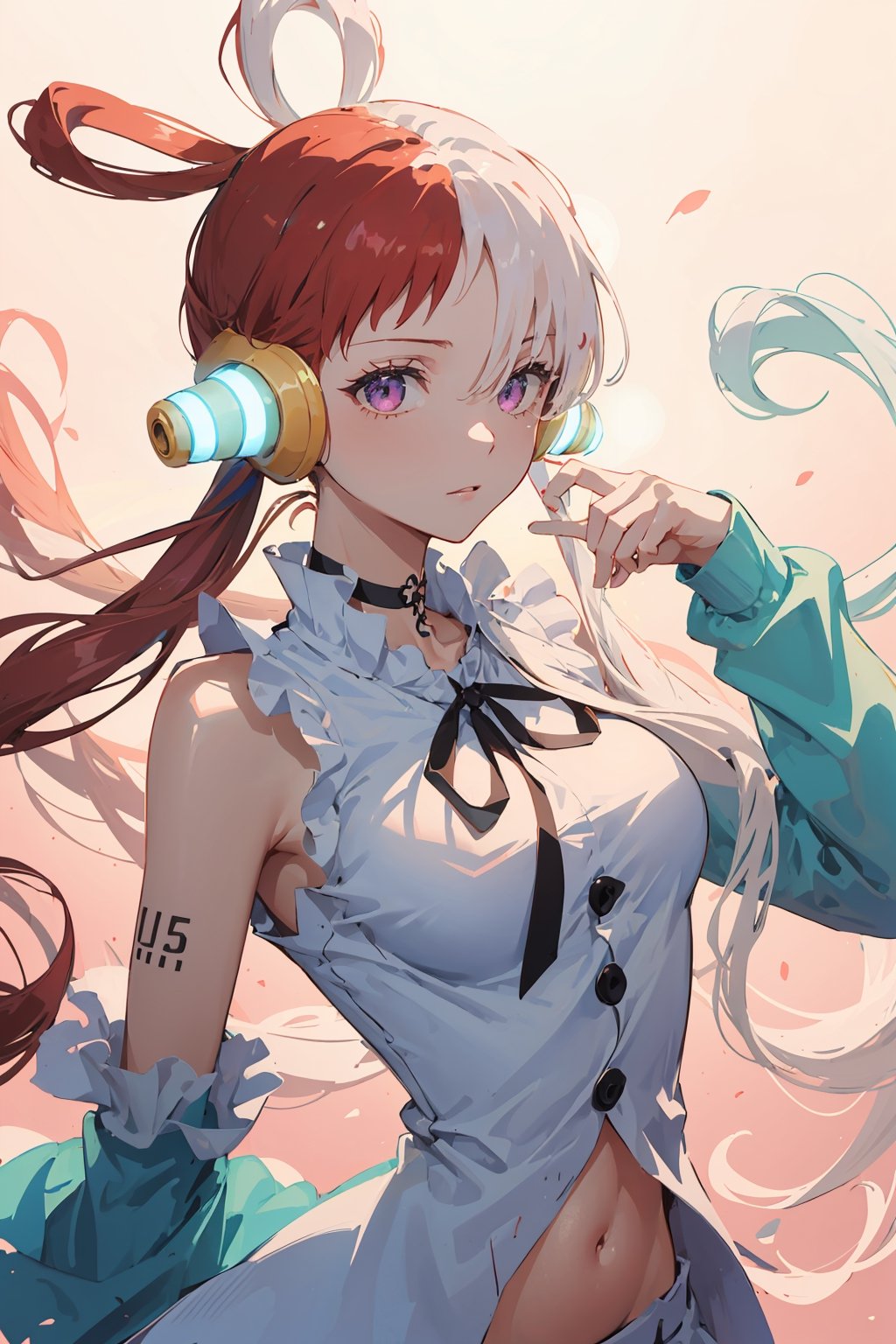 ((uta_onepiece, long hair, headphones, ribbon, twintails,))

(masterpiece:1.3), (best quality:1.3), high resolution, master-piece, bestquality, 1girls,15 years old, (masterpiece:1.2, best quality,), (Soft light), (shiny skin), 1girls, off shoulders,hair, between breasts, medium breast, breasts, choker, cleavage, collarbone, hair, looking at viewer, pink background, facing breasts, , womb tattoo,solo, female_solo,1 girl, 1 girl, one girl,upper body,,sketch,kanroji_mitsuri,shion,uta_onepiece