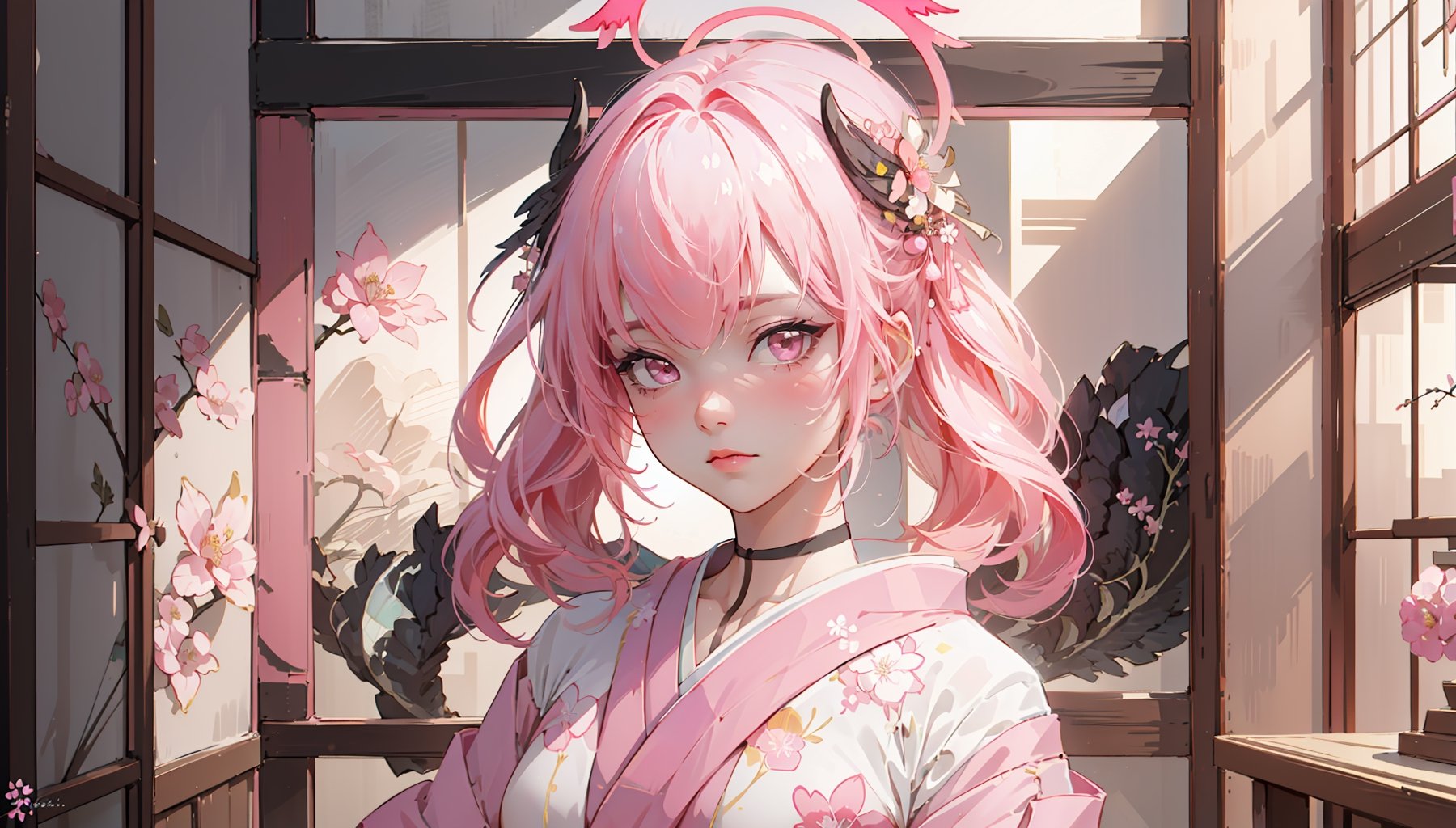 ((koharurnd `pink hair,))

masterpiece, best quality, extremely detailed, absurdres, expressive clothes, fine fabric emphasis, ray tracing, fantasy style, 1girl, upper body, portrait, tilted head, hanfu, obi, kimono, (split-color hair:1.4), off shoulder, , Japanese architecture, indoor, light and shadow, crystal flower, crystal,