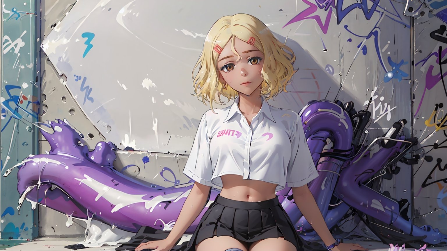 ((Sakura, blonde hair, hair ornament, hairclip, brown eyes, dark skin, breasts,))

nude top, , (((shirt lift shirt))),masterpiece:1.2, (masterpiece:1.3), (best quality:1.3), high resolution, master-piece, bestquality, 1girls, 15 years old, hairstyle, proportional body, crop top, oversized breasts, crop top, miniskirt, thighhighs, (Graffiti:1.5), sitting Splash with purple lightning pattern., arm behind back, against wall, View viewers from the front., Thigh strap, Head tilt, bored, , girl,Sakura, blonde hair