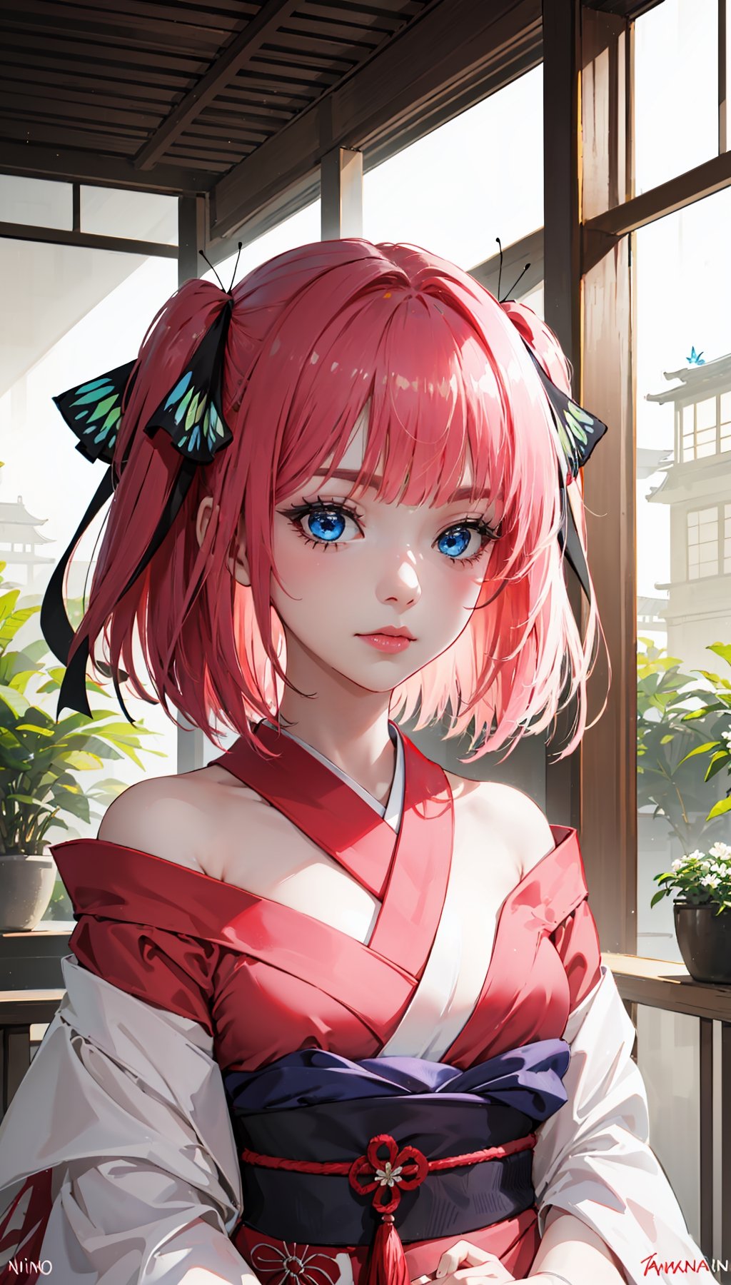 ((nino nakano, short hair, bangs, blue eyes, hair ornament, hair ribbon, pink hair, blunt bangs, two side up, butterfly hair ornament,,,))

masterpiece, best quality, extremely detailed, absurdres, expressive clothes, fine fabric emphasis, ray tracing, fantasy style, 1girl, upper body, portrait, tilted head, hanfu, obi, kimono, (split-color hair:1.4), off shoulder, , Japanese architecture, indoor, light and shadow, crystal flower, crystal,