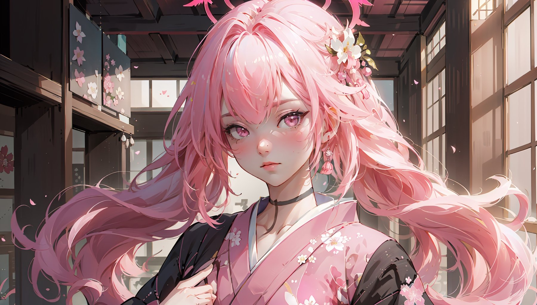 ((koharurnd `pink hair,))

masterpiece, best quality, extremely detailed, absurdres, expressive clothes, fine fabric emphasis, ray tracing, fantasy style, 1girl, upper body, portrait, tilted head, hanfu, obi, kimono, (split-color hair:1.4), off shoulder, , Japanese architecture, indoor, light and shadow, crystal flower, crystal,