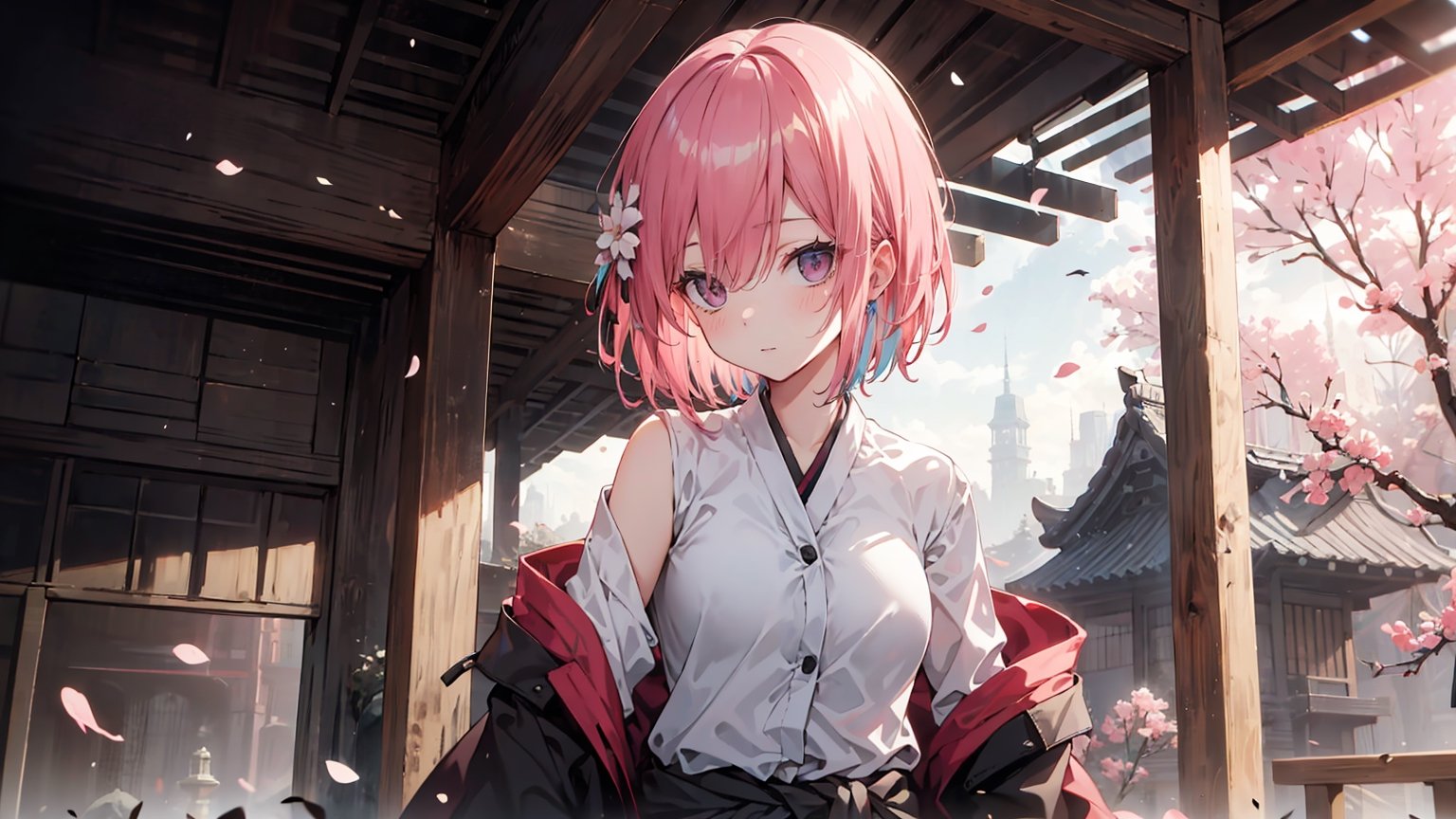 ((NAKANO ICHIKA, PINK HAIR, SHORT HAIR, CARDIGAN AROUND WAIST,)),

masterpiece, best quality, extremely detailed, absurdres, expressive clothes, fine fabric emphasis, ray tracing, fantasy style, 1girl , upper body , portrait , tilted head , hanfu , obi , kimono , (split-color hair:1.4) , off shoulder, pink eyes , Japanese architecture, indoor , light and shadow, crystal flower, crystal,solid warm colors,1 girl, goose feather snow, plum blossom, Arcadia,school uniform