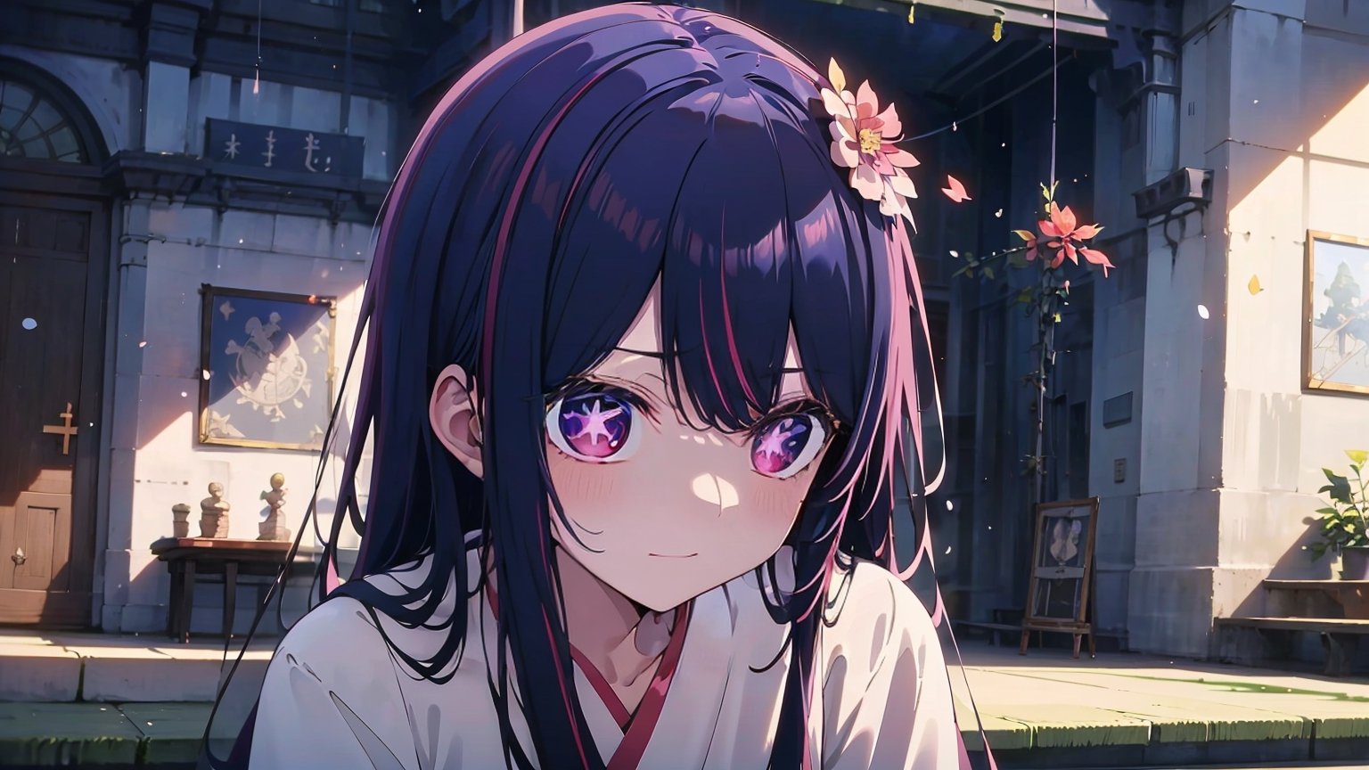 ((hoshino ai, purple eyes, purple hair, star-shaped pupils, symbol-shaped pupils, long hair,,)),

masterpiece, best quality, extremely detailed, absurdres, expressive clothes, fine fabric emphasis, ray tracing, fantasy style, 1girl , upper body , portrait , tilted head , hanfu , obi , kimono , (split-color hair:1.4) , off shoulder, pink eyes , Japanese architecture, indoor , light and shadow, crystal flower, crystal,solid warm colors,1 girl, goose feather snow, plum blossom, Arcadia,school uniform,hoshino ai