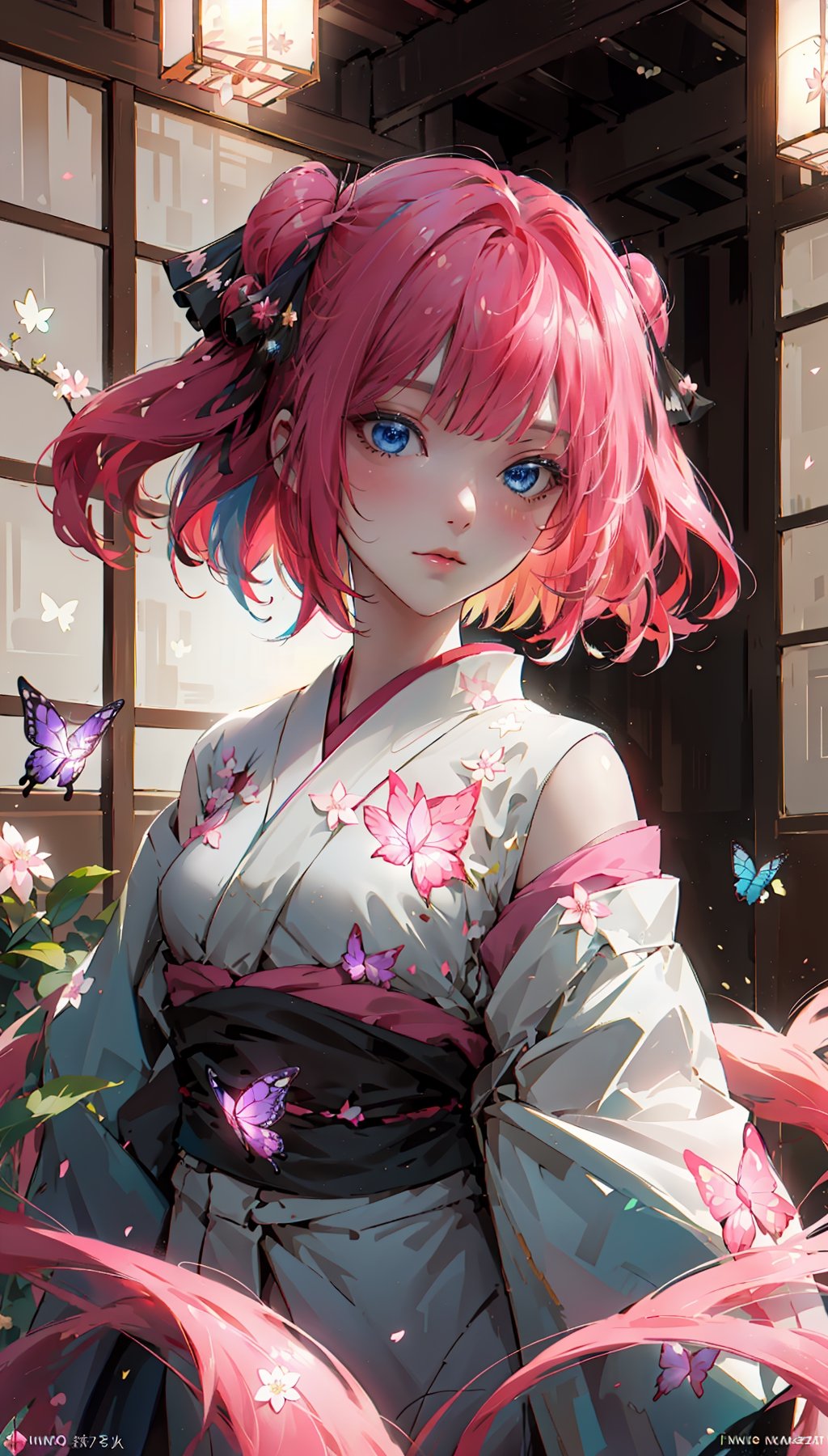 ((nino nakano, short hair, bangs, blue eyes, hair ornament, hair ribbon, pink hair, blunt bangs, two side up, butterfly hair ornament,,,))

masterpiece, best quality, extremely detailed, absurdres, expressive clothes, fine fabric emphasis, ray tracing, fantasy style, 1girl, upper body, portrait, tilted head, hanfu, obi, kimono, (split-color hair:1.4), off shoulder, , Japanese architecture, indoor, light and shadow, crystal flower, crystal,