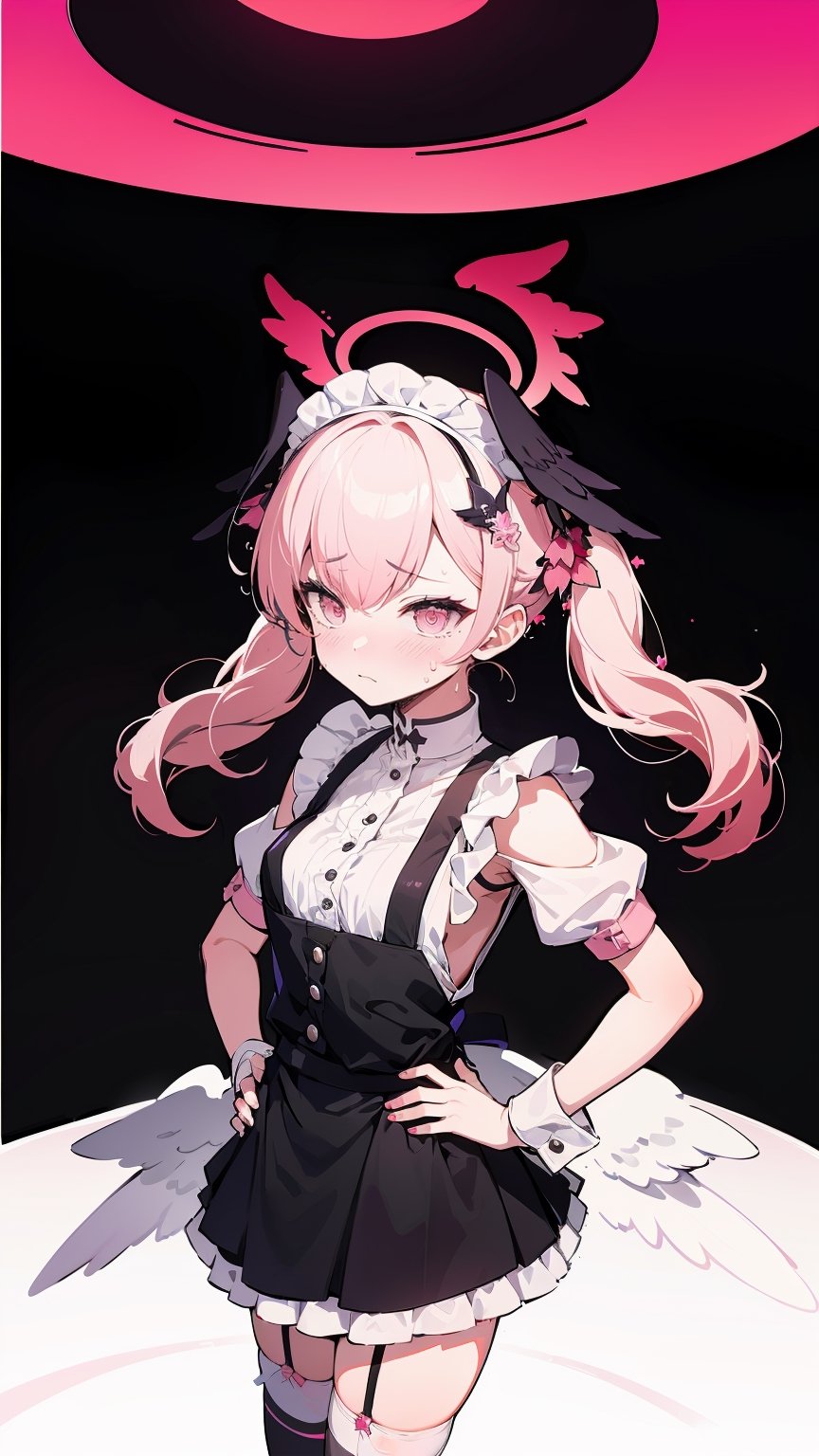 ((koharu, pink hair, medium hair, twintails, tied hair, pink eyes, halo,ow wings, head wings, )),

masterpiece, (1girl:1.3), apron, bow, cube hair ornament, dress, frills, gloom (expression), hair ornament, long hair, (looking away), maid, maid apron, maid headdress, mary janes, one side up, pink hair, shaded face, shoes, short dress, solo, sweatdrop, thighhighs, white thighhighs, medium breast, hand on hip, portrait,panty peek,