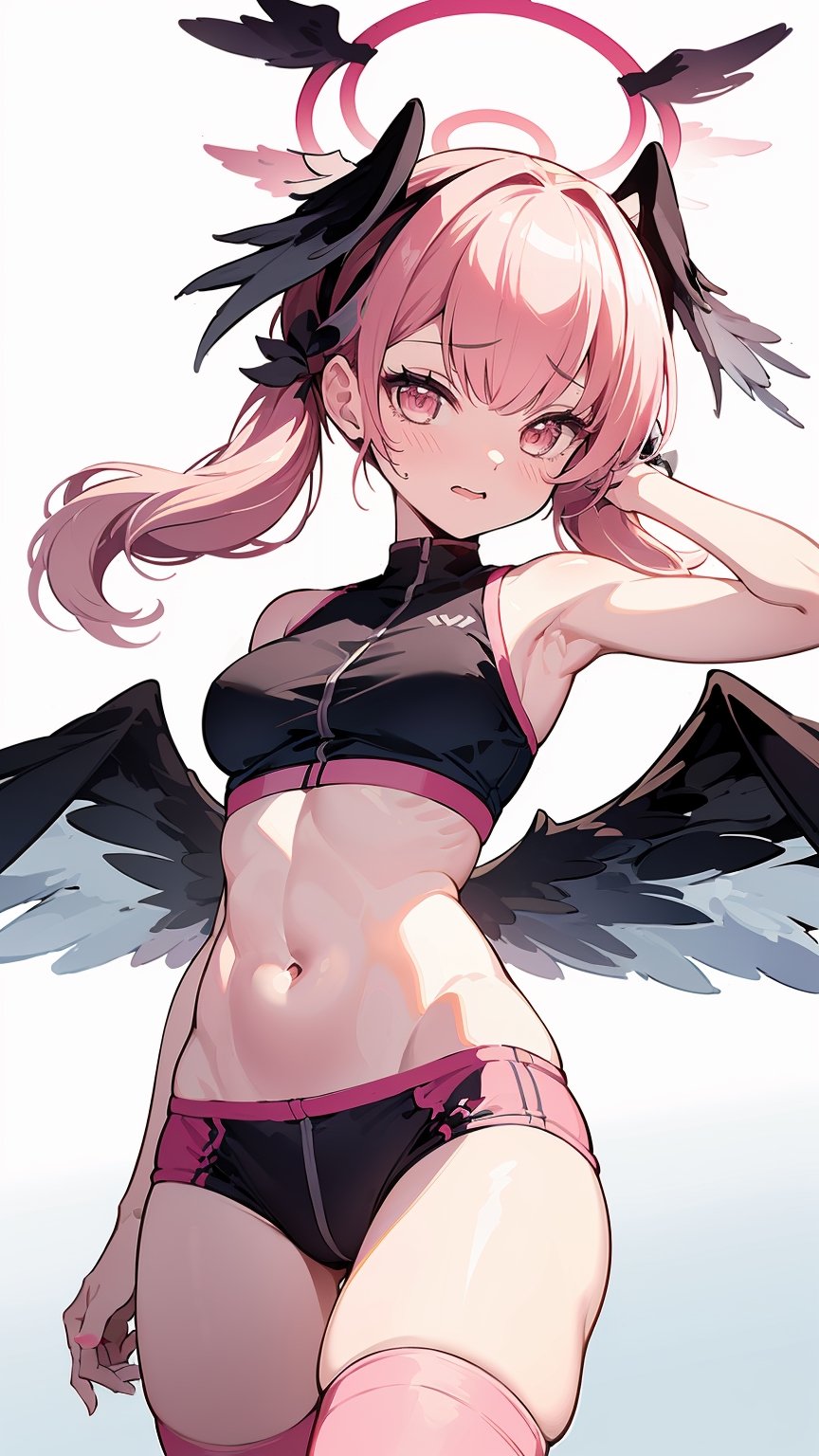 ((koharu, pink hair, medium hair, twintails, tied hair, pink eyes, halo,ow wings, head wings, )),

1girl, 8k, best quality, perfect body, UHD, meisterwerk, Beautiful girl, seductive girl, anime-girl, anime stil, ((sportlich, schlank, sehr schlanke beine, leichte bauchmuskeln, pinke haare, two braids, pinke augen, Big )), ((wearing a pink sports bra, wearing a pink wavy miniskirt, wears high stockings, wears garters, wears waist ties, nackte schultern, jacke, zeigt bauch)), sexy, lehnt sich an die wand, Anime-Ganzkörperillustration, cool, atraktives-animegirl, looks at the viewer at eye level