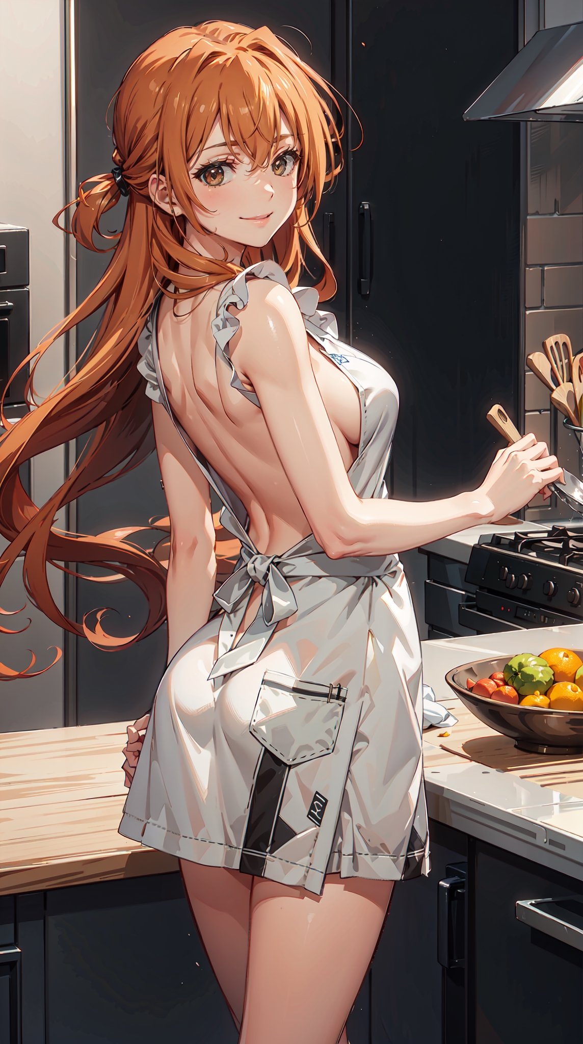 ,medium breasts,wearing nude_kitchen_apron, wearing kitchen_apron,ass, rear view, cowboy_shot, looking back,  standing in a kitchen, smiling, ,kouko_kaga, dark orange hair, dark eyes, long hair,