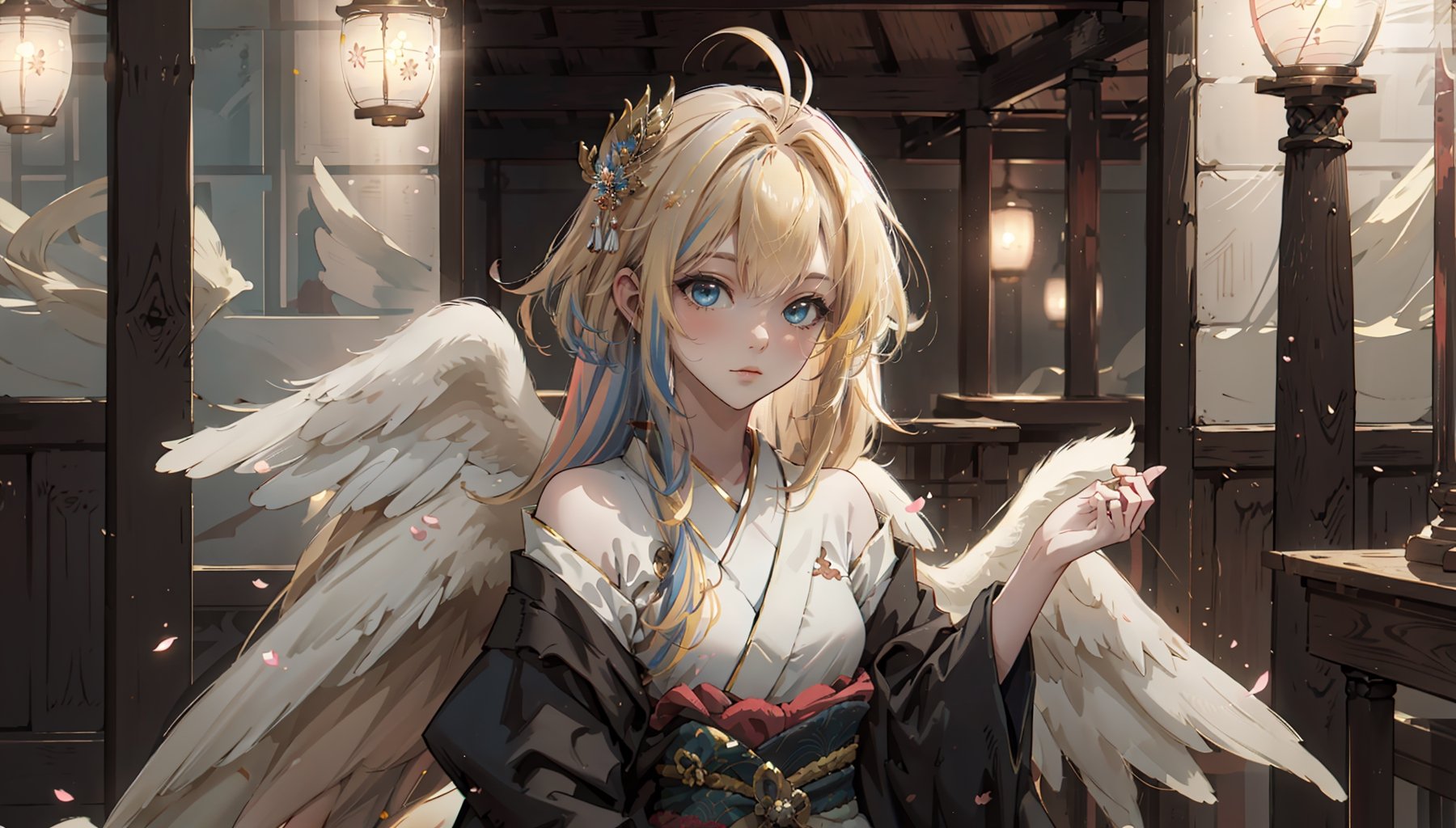 ((filo, blonde hair, ahoge, hair ornament, flat chest, bangs, long hair,angel wings))masterpiece:1.2,(masterpiece:1.3), (best quality:1.3), high resolution, 

masterpiece, best quality, extremely detailed, absurdres, expressive clothes, fine fabric emphasis, ray tracing, fantasy style, 1girl, upper body, portrait, tilted head, hanfu, obi, kimono, (split-color hair:1.4), off shoulder, , Japanese architecture, indoor, light and shadow, crystal flower, crystal