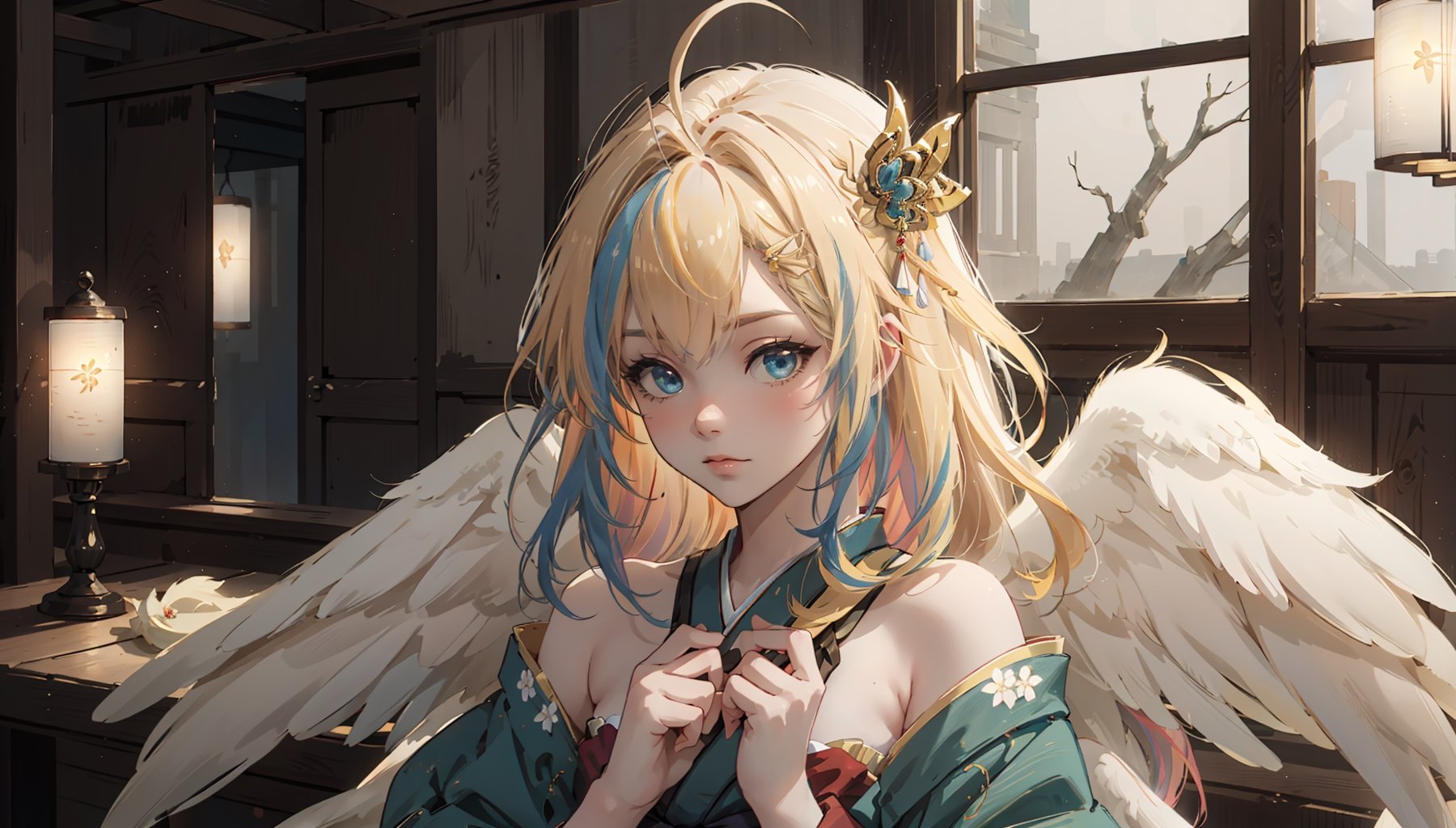 ((filo, blonde hair, ahoge, hair ornament, flat chest, bangs, long hair,angel wings))masterpiece:1.2,(masterpiece:1.3), (best quality:1.3), high resolution, 

masterpiece, best quality, extremely detailed, absurdres, expressive clothes, fine fabric emphasis, ray tracing, fantasy style, 1girl, upper body, portrait, tilted head, hanfu, obi, kimono, (split-color hair:1.4), off shoulder, , Japanese architecture, indoor, light and shadow, crystal flower, crystal