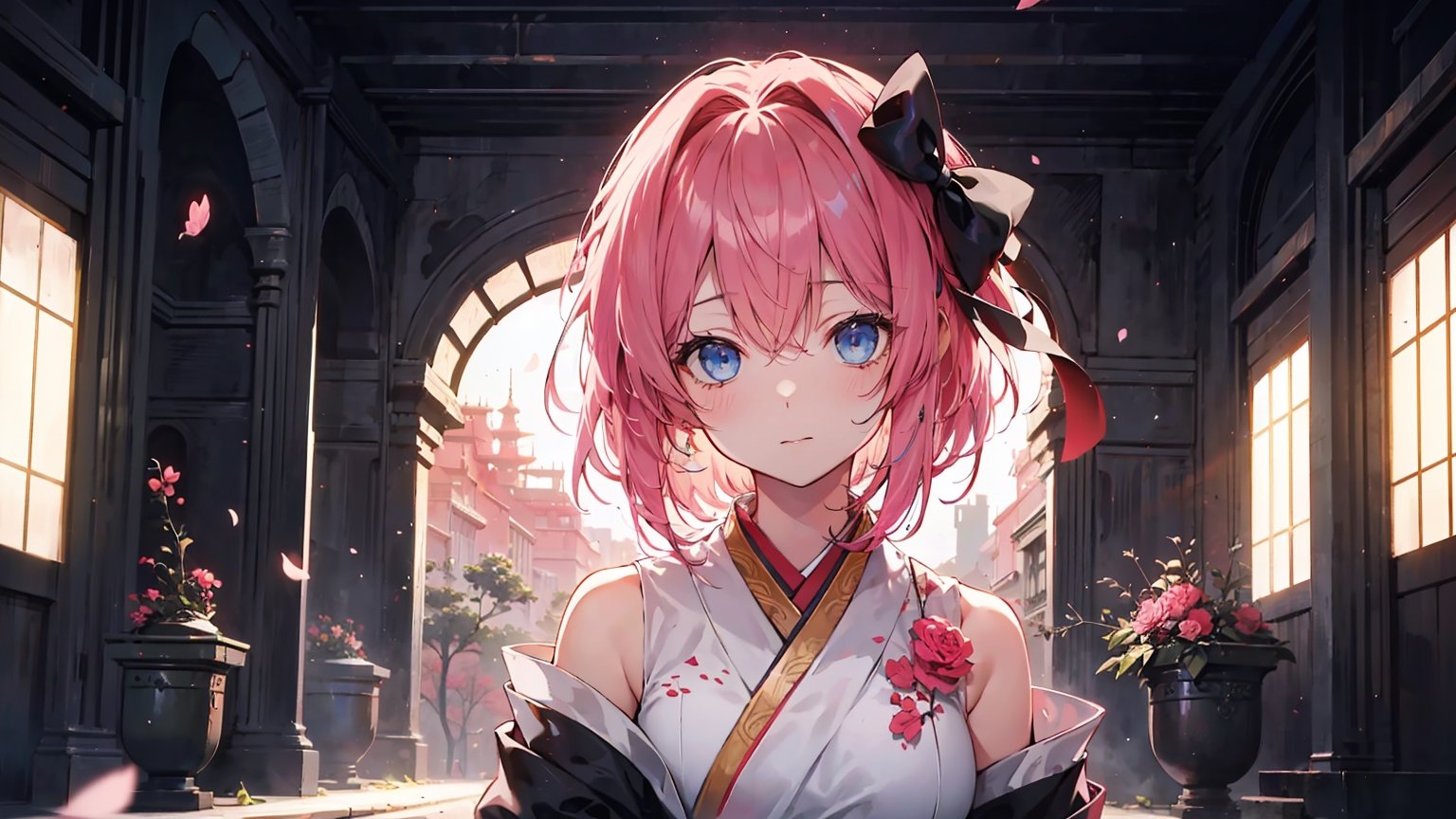 ((sayori, blue eyes, pink hair, hair bow, red bow,)),

masterpiece, best quality, extremely detailed, absurdres, expressive clothes, fine fabric emphasis, ray tracing, fantasy style, 1girl , upper body , portrait , tilted head , hanfu , obi , kimono , (split-color hair:1.4) , off shoulder, pink eyes , Japanese architecture, indoor , light and shadow, crystal flower, crystal,solid warm colors,1 girl, goose feather snow, plum blossom, Arcadia,school uniform