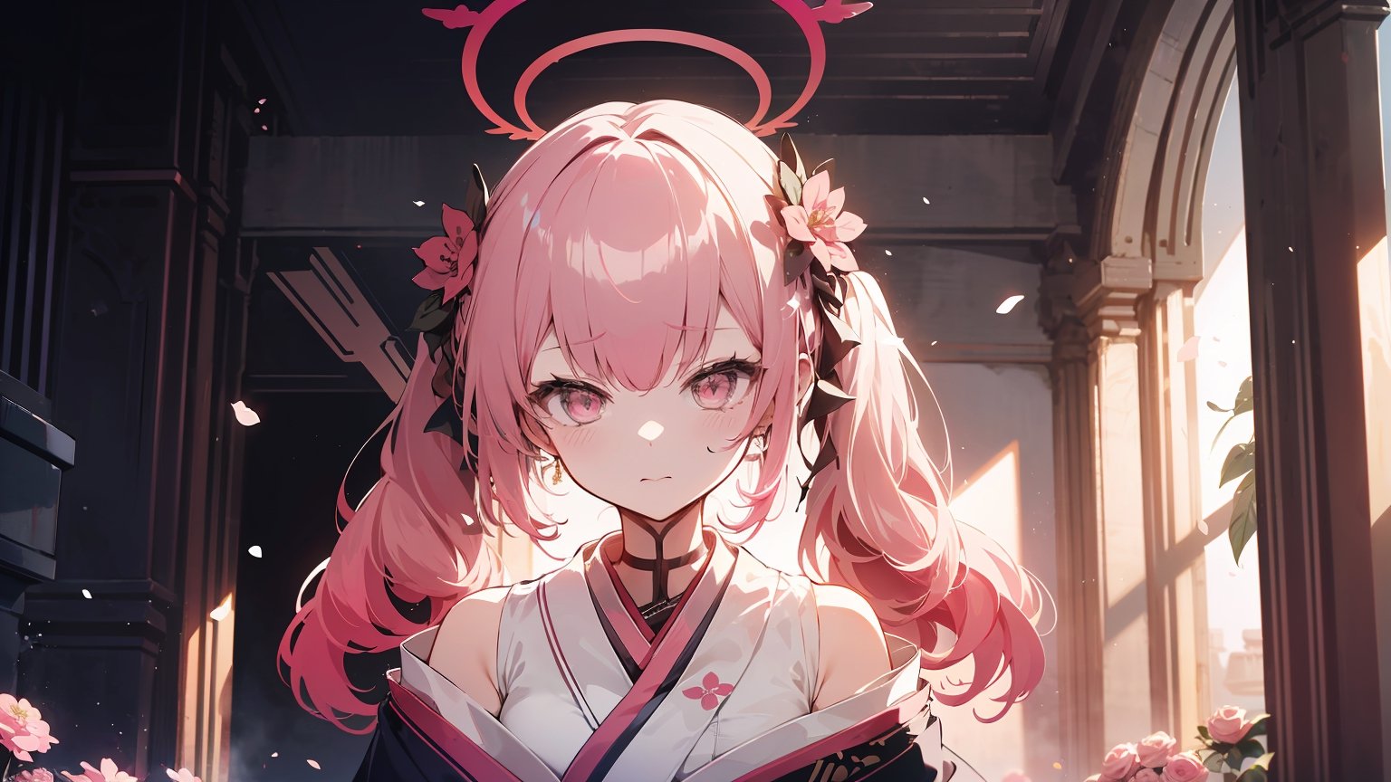 ((koharu, pink hair, medium hair, twintails, tied hair, pink eyes, halo,)),

masterpiece, best quality, extremely detailed, absurdres, expressive clothes, fine fabric emphasis, ray tracing, fantasy style, 1girl , upper body , portrait , tilted head , hanfu , obi , kimono , (split-color hair:1.4) , off shoulder, pink eyes , Japanese architecture, indoor , light and shadow, crystal flower, crystal,solid warm colors,1 girl, goose feather snow, plum blossom, Arcadia