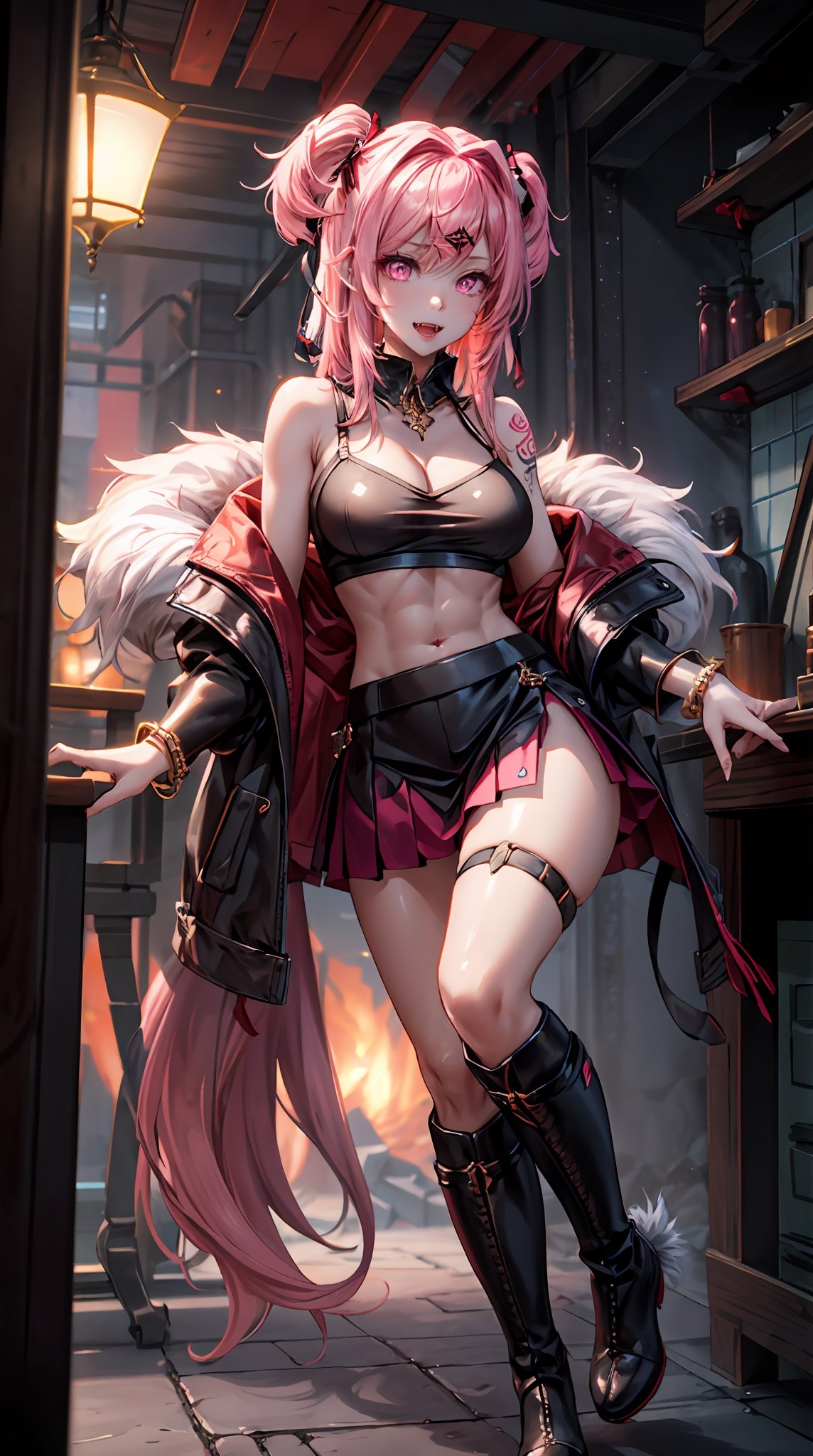 (natsuki, pink eyes, pink hair, two side up, hair ornament, hair ribbon),werewolf girl, ((fluffy skin)), paws on foots, fluffy fur on body, ((fangs)), tight crop top, cleavage, decolette, huge metal bracelets, huge metal collar, high over-the-knee boots, light red extremely_detailed_(lacy, fur, silk, satin)_(clothing, skirt), (light red clothing), detailed face, detailed beautiful shiny eyes, slit pupils, metallic reflections, futuristic city square, (tatooed, marked)_fit_muscular_body, (((1girl))), portrait, (), natural breasts, medium length hair, masterpiece, best quality, beautiful and aesthetic:1.2, fractal art:1.4, 16K, HDR, RTX, Ray Tracing, Radiosity, Anisotropic Filtering, Subsurface Scattering,