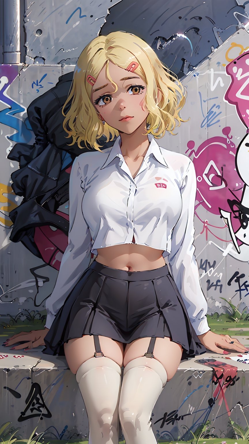 ((Sakura, blonde hair, hair ornament, hairclip, brown eyes, dark skin, breasts,))

masterpiece:1.2, (masterpiece:1.3), (best quality:1.3), high resolution, master-piece, bestquality, 1girls, 15 years old, Twintail hairstyle, proportional body, crop top, oversized breasts, crop top, miniskirt, thighhighs, (Graffiti:1.5), sitting Splash with purple lightning pattern., arm behind back, against wall, View viewers from the front., Thigh strap, Head tilt, bored, , girl,Sakura, blonde hair