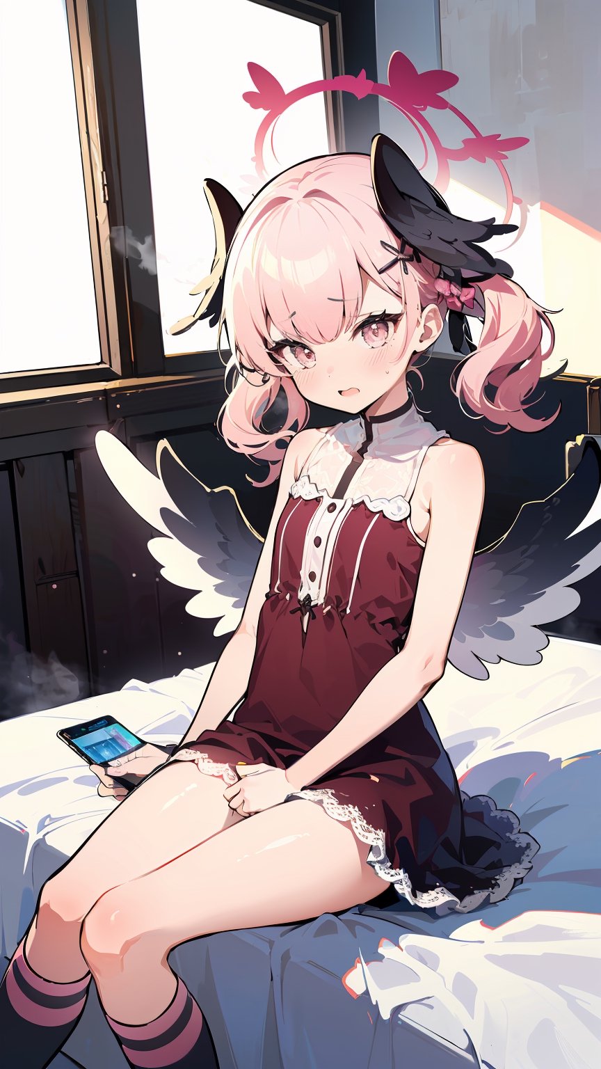 ((koharu, pink hair, medium hair, twintails, tied hair, pink eyes, halo,ow wings, head wings, )),

super fine illustration, solo, dynamic angle, an extremely cute and beautiful girl, highly detailed beautiful face and eyes, (masterpiece:1.2), (best quality:1.2), wallpaper 8k CG, very precise detailed, highres, look at viewer, 1girl, extremely delicate and beautiful girl, a extremely delicate and beautiful girl, anime screenshot, rembrandt lighting, Kyoto Animation style, medium long shot, girls' front, solo focus, (sitting, sitting on the bed, overlap her arms in front of her body:1.3), extremely detailed body, neat figure, girlan extremely delicate and beautiful girl, young girl, BREAK, one side up, detailed short hair, parted bangs, dark brown hair, beautiful detailed hair, clear face, open mouth, bright pupils, delicate arms and hands, slim legs, brown eyes, authentic skin texture, (flat chest, small breasts, ruffled dress, pink dress, sleeveless dress, detached sleeves, kneehighs, white kneehighs, flowing lace, bare shoulder, skirt lift, lifted by self, panty shot, panties, pure white panties, (pee, peeing, piss, pissing, peeing self), omorashi, pee-soaked panties, pee stain panties, steam, bow panties:1.3), socks, BREAK, indoors, (bedroom, on bed, stuffed toy, table, smartphone, magazine, fashion magazine, bright room:1.3), cinematic lighting, refined rendering, gorgeous and rich graphics, extremely detailed,