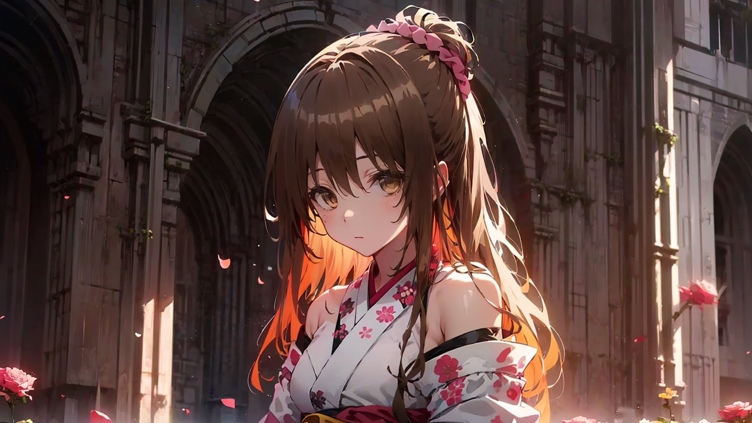 ((mikan yuuki, (brown eyes:1.5), brown hair, hair ornament, hair scrunchie, long hair, pink scrunchie, scrunchie,,)),

masterpiece, best quality, extremely detailed, absurdres, expressive clothes, fine fabric emphasis, ray tracing, fantasy style, 1girl , upper body , portrait , tilted head , hanfu , obi , kimono , (split-color hair:1.4) , off shoulder, pink eyes , Japanese architecture, indoor , light and shadow, crystal flower, crystal,solid warm colors,1 girl, goose feather snow, plum blossom, Arcadia,school uniform,hoshino ai,mikan yuuki