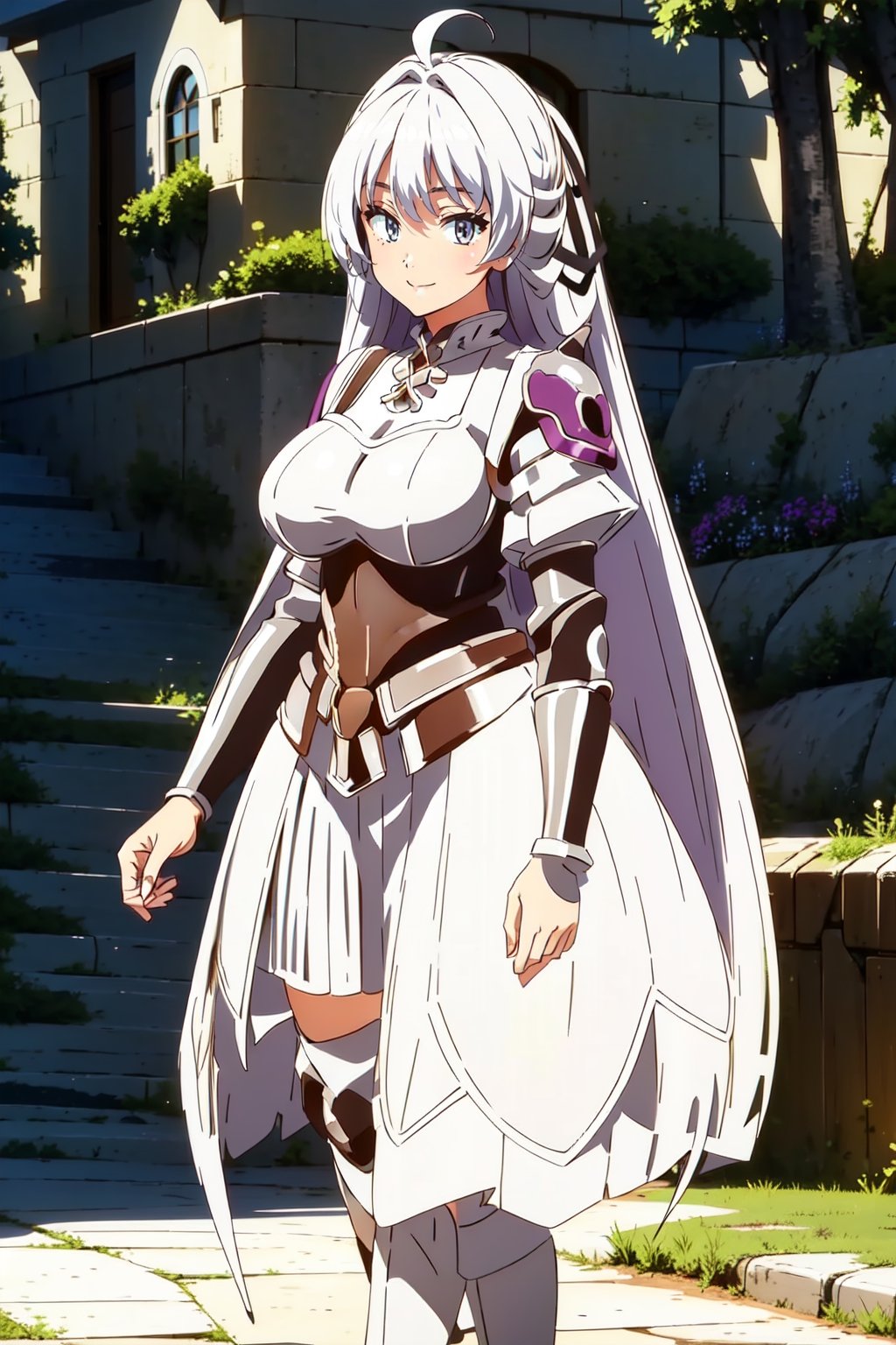 masterpiece, best quality, ultra-detailed, beautiful detailed eyes, extremely detailed eyes and face, 1girl, kurehaclyret, hair ribbon, armor, breastplate, ahoge, elbow gloves, belt, white skirt, pleated skirt, thigh boots, purple footwear, ((large breasts)), standing, looking at viewer, smiling, forest, cowboy shot, upper body, 