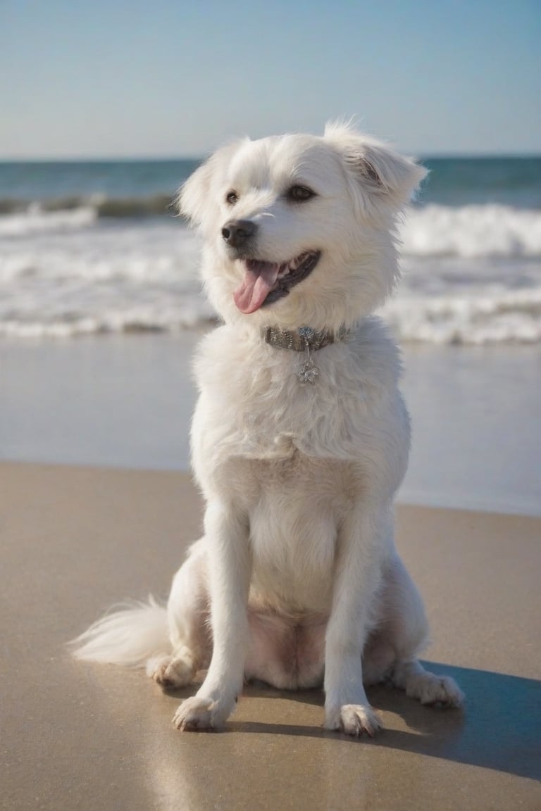 cute, white hair,  female dog on the beach, sits and looks at the waves, smiling,glitter