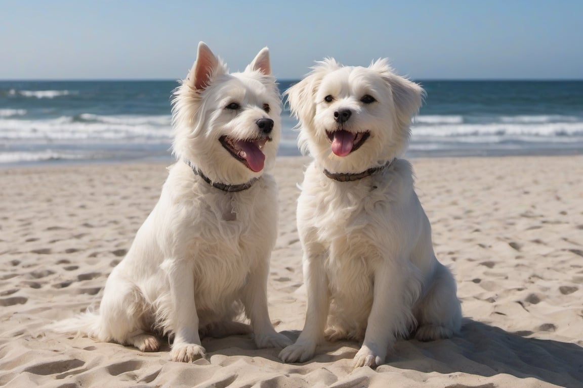 cute, white hair,  female dog on the beach, sits and looks at the waves, smiling,ULTIMATE LOGO MAKER [XL]