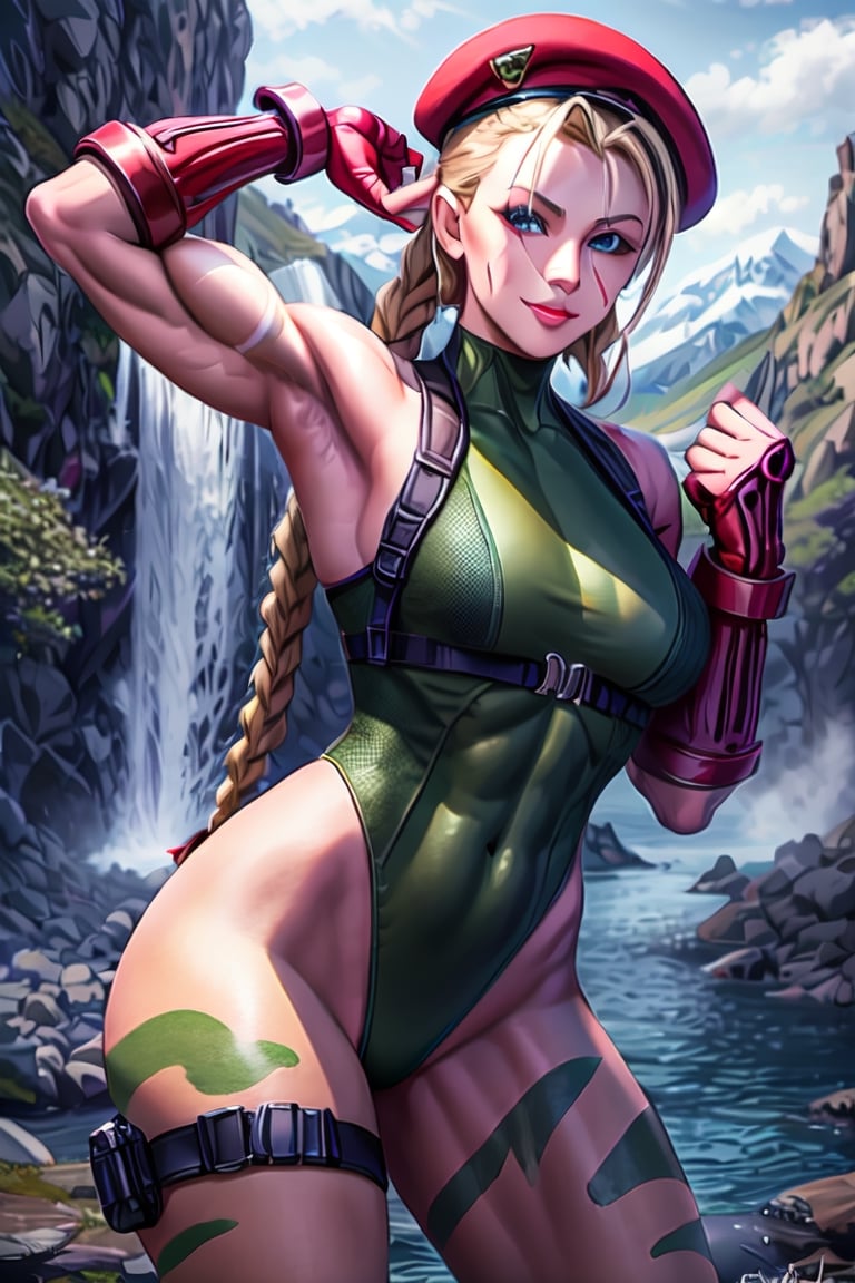 sfr1v, facial portrait, sexy stare, smirked, fighting stance, mountains, birds, trees, waterfall, hodoken,cammy, cammy white,hat,long hair,beret,braid,twin braids,gloves,green leotard,blue eyes,fingerless gloves.scar,highleg leotard,antenna hair,highleg,lips,red gloves,muscular,red headwear,large breasts,camouflage,thick thighs,covered navel,thong leotard,muscular female,abs,scar on face,thigh strap,bare shoulders,bodypaint, sf6,cammy_green_bodysuit_aiwaifu