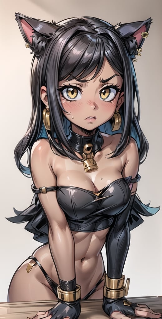 (((a sexy 20 year old egyptian cat girl with very full lips))), cat ears, ((light brown skin)), ((very tan skin)), tan lines, (messy sleek black hair), (beautiful brown eyes), (big pouty lips), ((detailed adorable face)), large gold earrings, (egyptian eye makeup, mascara), medium breasts, cleavage, toned body, (thin waist), (wide hips), skinny, ((beautiful face)), ((pet collar)), (prisoner cuffs), chains, leather bandeau top, leather high waisted thong,  ((bare legs)), high heel stiletto sandals, ((submissive pose)), in a wooden cottage, (((blush))), ((nervous expression)), ((submissive expression)), ((amazing quality)), egypt, vibrant colors,Skg_marie