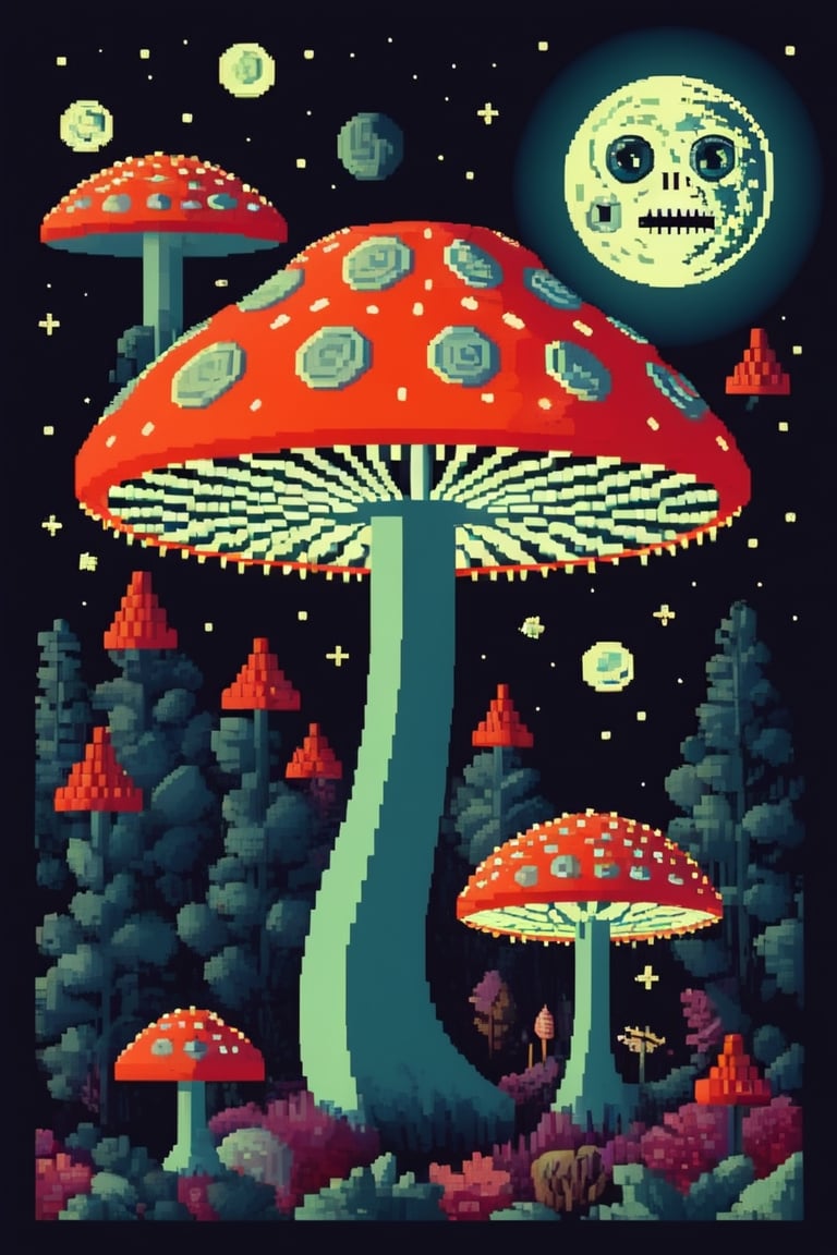 (art by Victor Brauner:0.9) , Mesmerizing 3 mushroom fly agaric, moon, night, Wretched fluorescent patterns, stylized, background is [Sofia|Tunnel], Bokeh, Shameful, Mushroomcore, 35mm, Vivid hue,pixel style