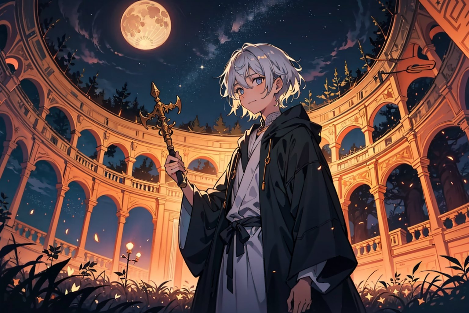 In a realm shrouded in eternal starlight, unfolds a fascinating and magical scene, brimming with wonder and mystery. A tall and graceful young man stands amidst the depths of a forest, illuminated by the soft glow of starlight filtering through the leaves, casting a radiant shimmer on his lustrous silver hair. His eyes resemble the profound night sky, twinkling with an enigmatic gleam that captivates all who behold it.

The stars surround him, countless glimmering particles, adding a touch of mystique to the artwork. He dons a flowing robe, swaying gently with the breeze, akin to a grand tapestry of stars. In his hand, he holds an ancient staff, emitting an aura of timeless magic, as if brimming with boundless energy.

This mesmerizing artwork is crafted with ink and watercolors, presented in a 16:9 widescreen aspect ratio, creating an atmosphere of artistic enchantment. The central figure is a young sorcerer with silver hair and mysterious eyes, infusing the entire scene with an air of magic and wonder.

Within this fantastical setting, the young sorcerer stands amidst a forest illuminated by the radiant stars, the lush trees providing a canopy of greenery. The starlight bestows an ethereal glow, and the sorcerer's presence exudes an aura of mystery, his confident smile seemingly inviting viewers on an endless journey of exploration and astonishment.

The stars reflect their brilliance upon a serene lake nearby, its surface resembling a mirror, mirroring the enchanting light of the stars above. Hovering in the night sky, a luminous moon casts its warm and alluring glow, enhancing the scene's sense of mystique.

This immersive scene captures the essence of a magical night, as if the audience is transported into a realm of fantastical stars. The intricately depicted details create an ambiance of wonder and mystery, inviting viewers to indulge in a dreamlike experience.

In "Starry Enchantment," viewers are drawn into a world of mystery and boundless magic, embarking on a quest for the unknown. The fusion of starlight and enchantment ignites a sense of curiosity and adventure. As the sorcerer wields his staff with determination, the audience is led to contemplate the wonders of life, the pursuit of dreams, and the growth and wisdom gained through exploration and discovery.