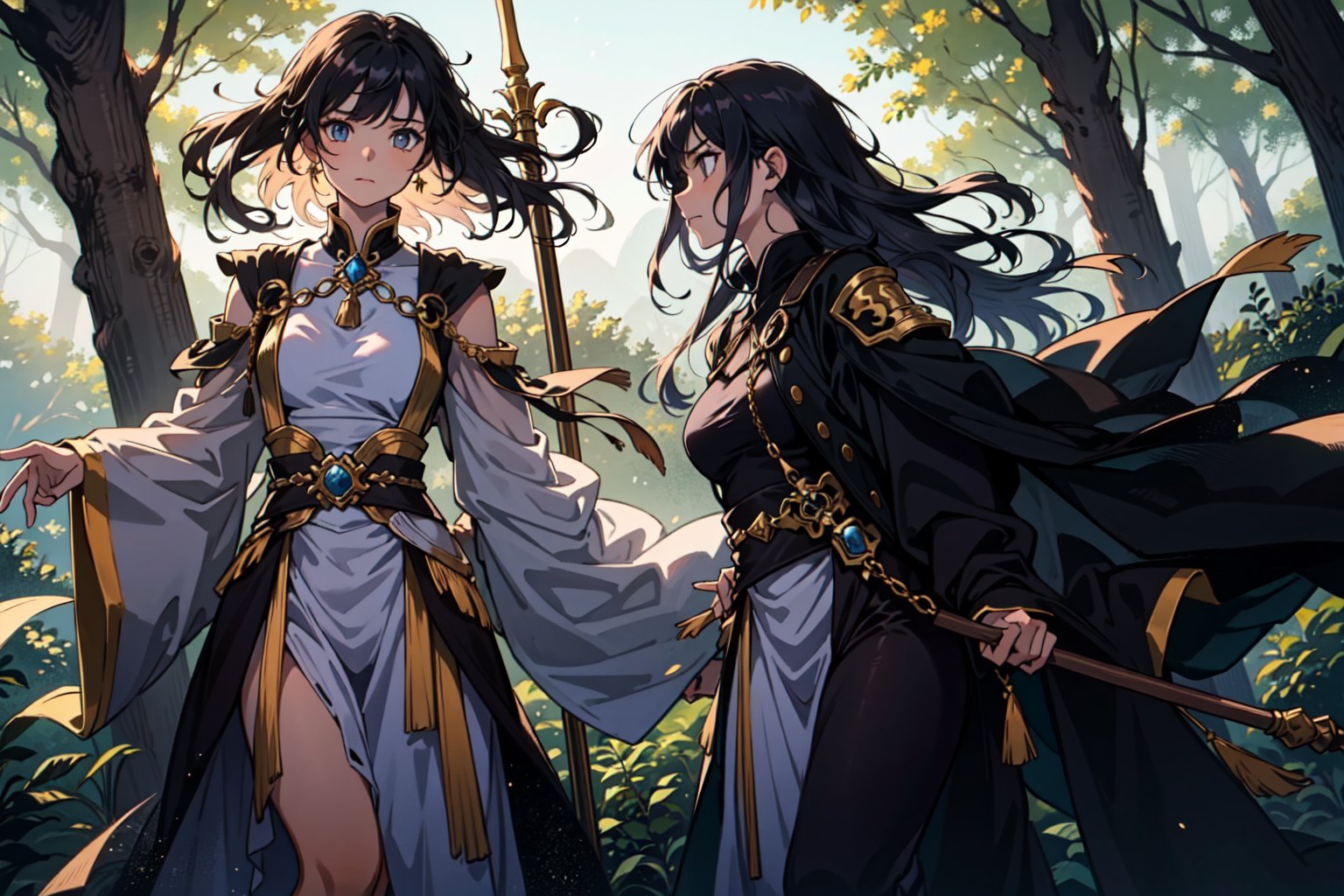 In this mystical and fantastical realm, a captivating scene unfolds. Three graceful female warriors traverse through the dense forest, each with their unique features. Their hair is presented in various shades and styles - one with short, jet-black hair; another with waist-length, golden curls; and the third adorned with cascading lavender tresses. Their eyes shimmer with profound light, as if harboring the secrets of mystical powers.

Adorned in distinct battle attire embellished with embedded magical gemstones, they radiate an otherworldly glow. They wield an array of weapons - a curved blade, a longbow with arrows, and an ancient staff - each showcasing different strengths and skills. Their physique varies, revealing elegance, agility, and resilience.

This lifelike artwork vividly captures the forest's sense of mystery. Every movement they make exudes power, as if engaged in an ancient ritual. The surrounding trees seem to whisper secrets, silently bearing witness to their solemn mission.

Within this enigmatic forest, an ancient temple hides among the lush foliage. Intricate runes embellish the stone pillars of the temple, emitting an indescribable aura of power. The trees in front of the temple stand as sentinels, their branches gently swaying in reverent homage.

These three female warriors embody hope and courage, infusing the mystical woods with newfound vitality. Their presence casts a radiant light within the enigmatic forest, foreshadowing the beginning of a new fantastical tale.