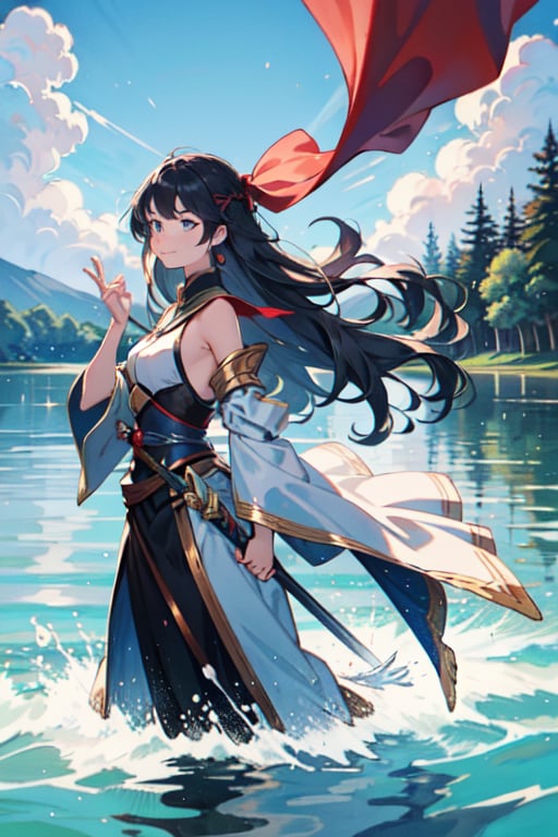 In a mysterious otherworldly realm, unfolds a breathtaking scene filled with diverse emotions and atmospheres. A female warrior with vibrant purple hair stands by the calm lakeside, her long hair cascading like a waterfall, blending with the gentle hues of the water. Her eyes shimmer with a deep blue glow, resembling the stars within the lake.

Clad in lightweight silver armor, the female warrior exudes a resolute determination. She wields a gracefully curved crystal sword, its blade emitting a faint glow, akin to the subtle light dancing upon the lake.

The artwork is crafted in soft watercolors, presenting a serene and tranquil beauty. The warrior's smile radiates an aura of hope, much like the reflection in the waters.

In this captivating scene, the tranquil lake mirrors the warrior's steadfast countenance. Wisps of colored clouds adorn the sky, stirred by a gentle breeze, adding a touch of mystery to the ambiance.

A special banner stands tall by the lakeside, adorned with intricate runes, emitting a mysterious energy symbolizing hope and courage.

In "Guardian of the Lakeside," the audience is transported to a world brimming with hope and serenity. The presence of the female warrior seems akin to a guardian of the lake, infusing the landscape with courage and strength. The tranquil environment and the warrior's determination coalesce to create an artwork teeming with positive emotions.