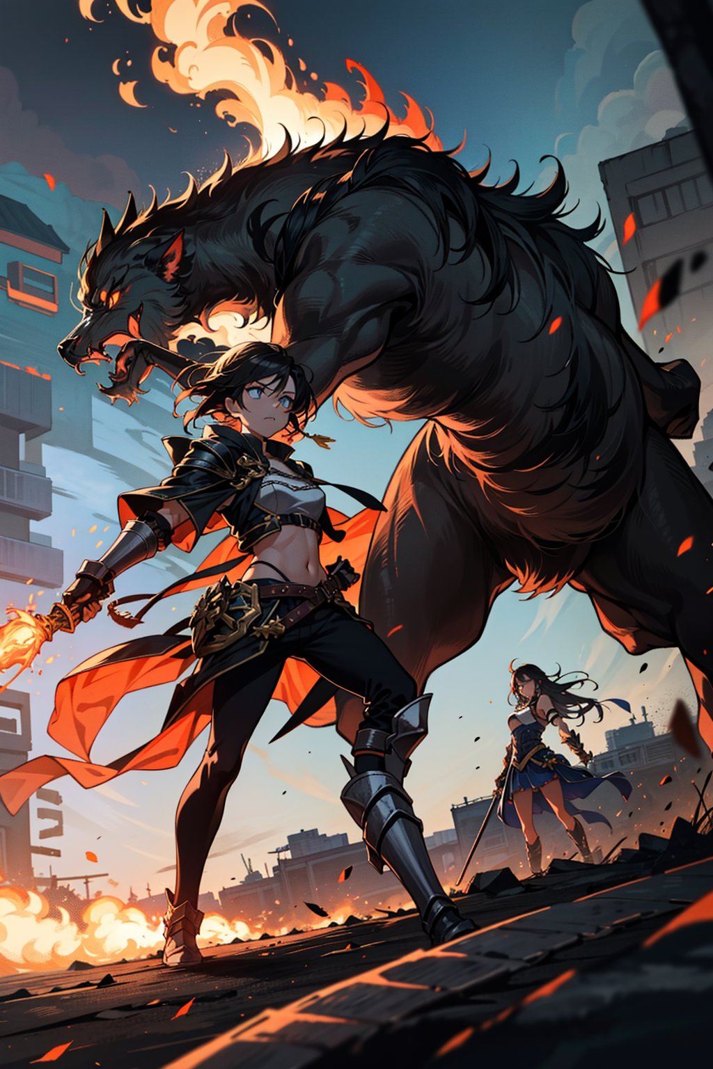 In a realm shrouded in ferocity, an onslaught of a battle scene is about to unfurl, delivering a gut-wrenching sense of intensity. Two central figures stand in the arena, resembling two fierce beasts, destined to engage in a life-or-death struggle.

The backdrop is a desolate wasteland, crumbling structures and shattered walls bearing witness to the land's former glory. Dust swirls, and the air is thick with the scent of impending conflict, as if even the earth trembles in anticipation of the inevitable clash.

One side is occupied by a female warrior, draped in a tattered beast-hide cloak, her armor worn and scarred, a testament to her past ferocious battles. She wields a double-edged battle axe, each swing carrying an aura of annihilation. Her eyes blaze with a feral fire, akin to a predator on the hunt.

Opposite her stands an equally formidable male warrior, encased in heavy steel armor, the scars adorning his frame a testament to his unparalleled resilience. He grips a colossal warhammer, each strike accompanied by a thunderous roar, capable of shattering the very earth.

Their combat is an embodiment of untamed might, every clash sending shockwaves through the ground. They trade blows with a relentless ferocity, as if channeling the primal forces of nature. Thunder cracks, winds howl, as if even the heavens are drawn into the fray.

Blood is spilled, adrenaline courses, the battleground becomes their unyielding stage. Their eyes lock in a fierce gaze, as if each can predict the other's every move, every intention. Amidst the chaos of the battlefield, their every action seems to tell a story of survival and triumph.

In "Savage Reckoning," the audience is plunged into a realm of ultimate confrontation, where courage and power entwine in a symphony of explosive combat. This battle is like a primal chant, channeling the energy of passion and duress to every corner, evoking the rawest, most intense pulses of life.