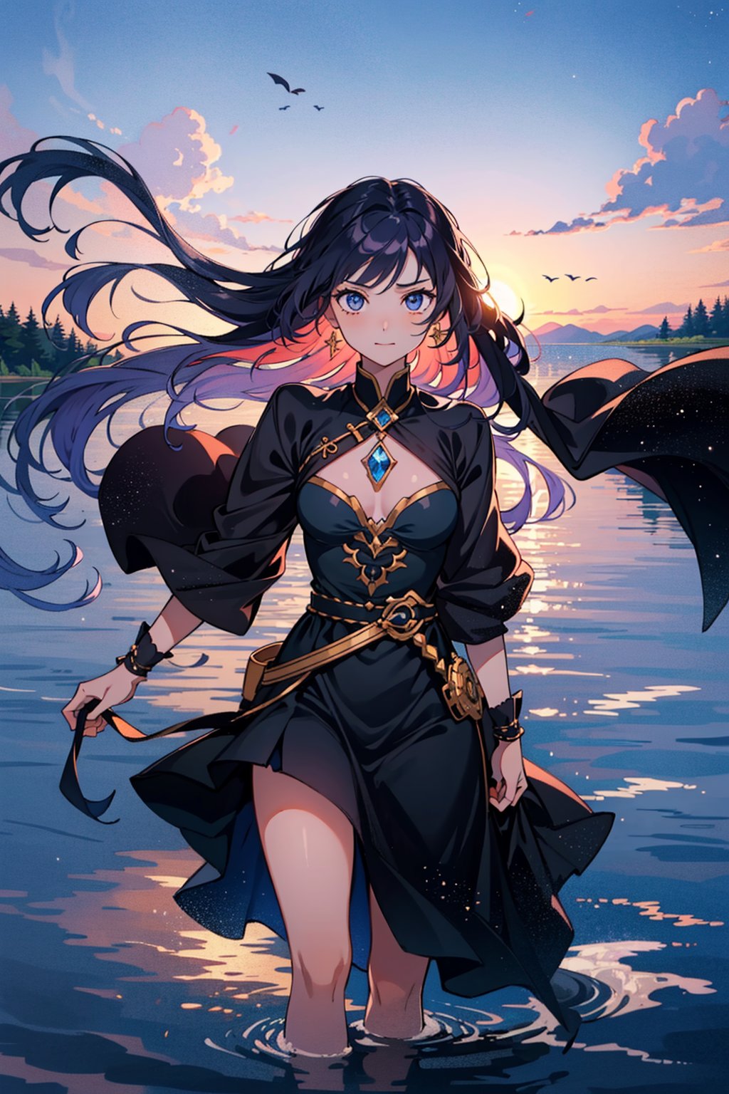 In a mysterious otherworldly realm, unfolds a breathtaking scene filled with diverse emotions and atmospheres. A female warrior with vibrant purple hair stands by the calm lakeside, her long hair cascading like a waterfall, blending with the gentle hues of the water. Her eyes shimmer with a deep blue glow, resembling the stars within the lake.

Clad in lightweight silver armor, the female warrior exudes a resolute determination. She wields a gracefully curved crystal sword, its blade emitting a faint glow, akin to the subtle light dancing upon the lake.

The artwork is crafted in soft watercolors, presenting a serene and tranquil beauty. The warrior's smile radiates an aura of hope, much like the reflection in the waters.

In this captivating scene, the tranquil lake mirrors the warrior's steadfast countenance. Wisps of colored clouds adorn the sky, stirred by a gentle breeze, adding a touch of mystery to the ambiance.

A special banner stands tall by the lakeside, adorned with intricate runes, emitting a mysterious energy symbolizing hope and courage.

In "Guardian of the Lakeside," the audience is transported to a world brimming with hope and serenity. The presence of the female warrior seems akin to a guardian of the lake, infusing the landscape with courage and strength. The tranquil environment and the warrior's determination coalesce to create an artwork teeming with positive emotions.