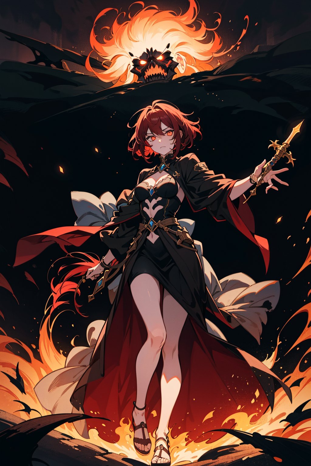 In a realm shrouded in eternal darkness, a sinister and malevolent scene unfolds. An evil sorceress stands tall on a desolate mountaintop, her fiery red hair cascading to the ground, each strand imbued with a venomous aura. Her pupils are as dark as the abyss, capable of swallowing everything in their gaze.

Surrounding her is an eerie and terrifying landscape, enveloped in suffocating miasma. In her hand, she wields a silver dagger adorned with malevolent runes, emitting an ominous glow.

This artwork is rendered in shades of ink-black, creating a chilling atmosphere. The sorceress's features exude a malevolent and malicious aura, her red hair standing out vividly against the darkness.

In this dreadful setting, the sorceress stands amidst a desolate wasteland, where silence reigns supreme. The darkness engulfs the surroundings, and only the sinister glow from her dagger pierces through the gloom. The environment exudes terror and despair, as if the malevolent power is lurking in every corner.

The sky is pitch-black, devoid of stars, seemingly forever swallowed by the darkness. The entire environment is filled with an aura of horror, and the malevolent force seems omnipresent.

This scene is presented in a close-up format, drawing viewers into the intensity of the sorceress's gaze and the malevolent energy emanating from her dagger. Sinister patterns adorn the canvas, adding to the spine-chilling ambiance.

In "Dark Enchantment," the audience is immersed in a world of malevolence, where the sorceress's presence is enigmatic and sinister. The environment is suffocating, leading the viewers into an unsettling experience. The sorceress's dagger appears to hold boundless malevolent power, prompting contemplation on the nature of darkness and evil. Boldly, it explores the essence of malevolence.

Is the above modification satisfactory? If you have any further specific requests, please feel free to let me know.