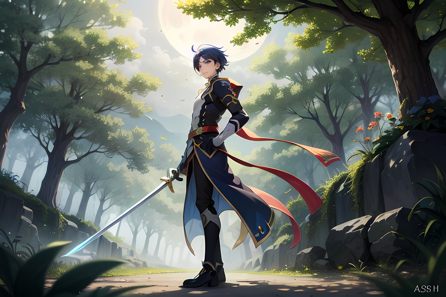 In a realm shrouded in eternal twilight, unfolds a mesmerizingly surreal scene filled with hope and vitality. A graceful swordsman stands poised on a moss-covered rock, rays of sunlight filtering through the canopy above, creating a dappled pattern on the ground. Butterflies and fireflies dance around him, adding a magical touch to the artwork. This painting is crafted in watercolors, presented in a 16:9 widescreen aspect ratio, and the protagonist is ASHER (inspired by the anime "Sword Art Online").

In this hopeful setting, the swordsman stands tall amidst a desolate landscape adorned with blooming flowers and resonating melodies. Their collective presence exudes energy, and their faces are adorned with smiles full of hope.

The sky is immersed in a golden hue, mirroring the hopeful scene below. The moon transforms into a captivating specter, a perfect circle emitting a warm glow, casting a mesmerizing light upon the surroundings. Its gaze seems to infuse hope into the souls of those fortunate enough to witness this beautiful tableau.

The scene is masterfully captured in a medium shot, drawing viewers into the heart of the vibrant setting. The use of bokeh adds an ethereal, epic quality to the atmosphere, blurring the edges of the enchanting scene, creating an almost dreamlike vision of hope and vitality.

In "Radiance of Hope," viewers are transported to a world brimming with vitality, where hope prevails. The juxtaposition of magnificence and anticipation prompts contemplation of the beauty of life and the price of perseverance. As the swordsman embraces the future, the audience is left to ponder the precious nature of life and the sacrifices made in the pursuit of hope and honor. Mecha boy, blue short hair, weapon.

The protagonist in the painting is ASHER (inspired by the anime "Fate"), weapon.