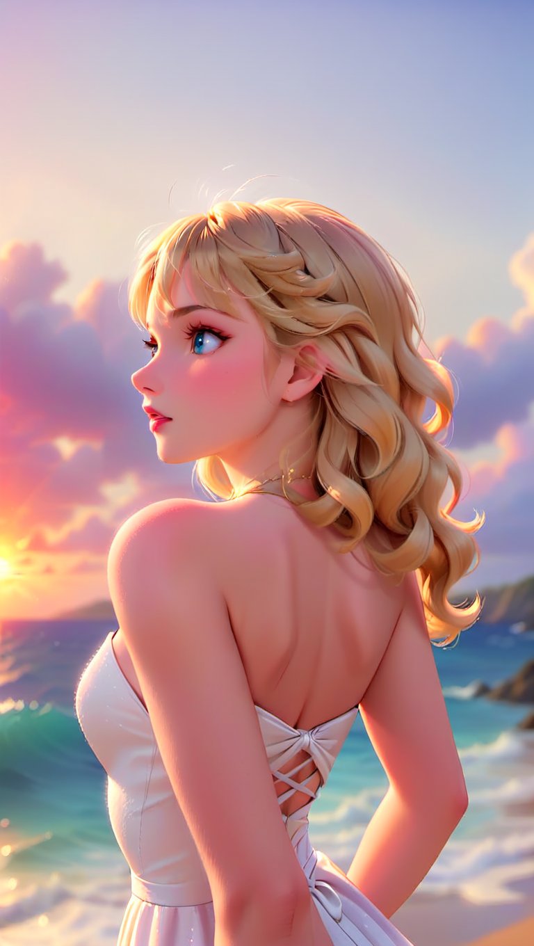 cartoon of Taylor Swift, 23, stands confidently on a sun-kissed beach at golden hour. Her bright blonde curls cascade down her back like honeycombed waves. Her features are radiant under a fiery sunset sky, red lips glistening with a subtle smile. A flowing white dress hugs her curves, the sea breeze rustling its delicate folds as she gazes out towards the horizon.,TaylorSwift,Taylor Swift woman,photo r3al,disney pixar style,Extremely Realistic