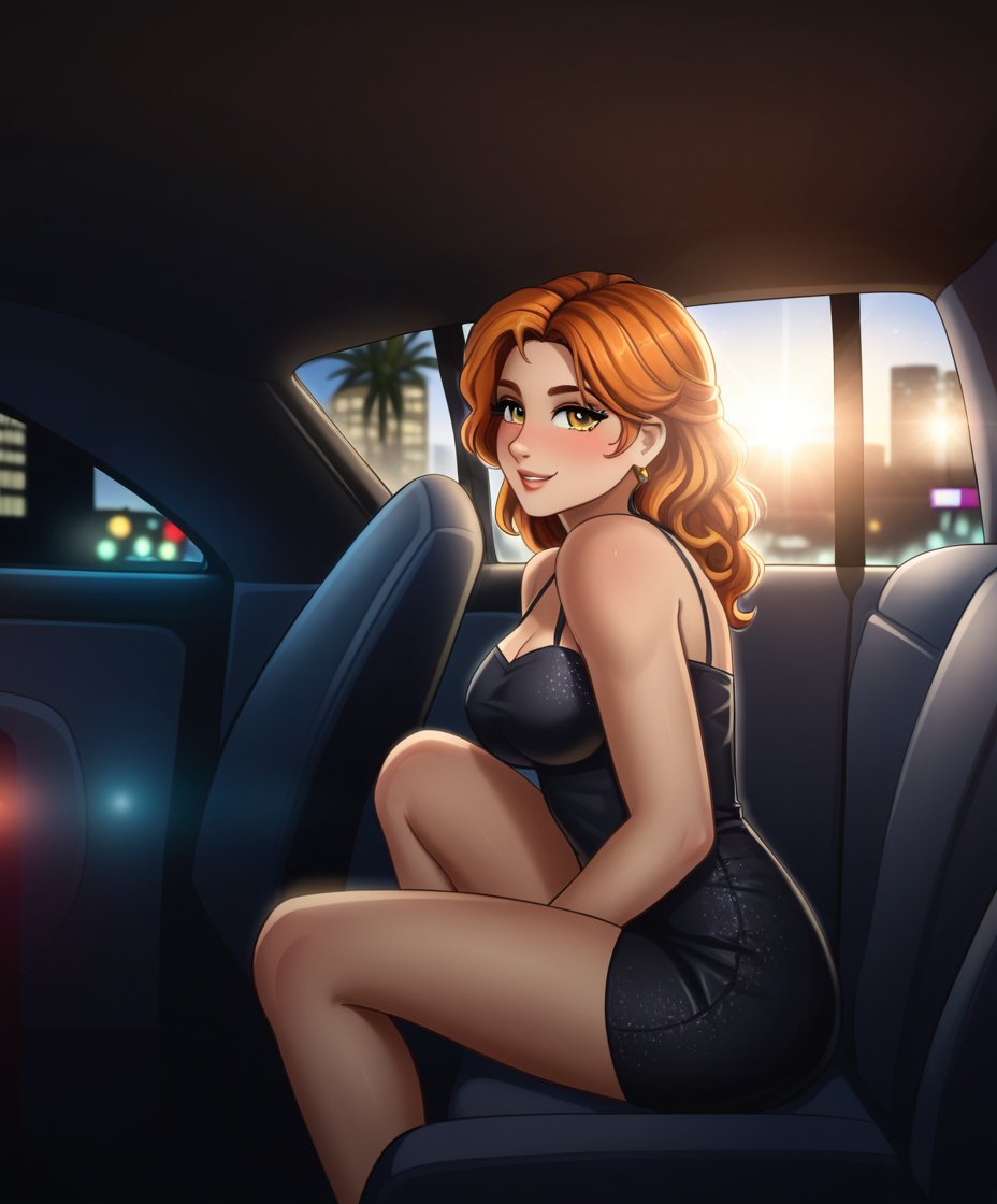 cartoon of Shakira, radiant and confident, sits in the back seat of a  black luxury car, her minidress hugs her curves, accentuating her signature movesr toned legs stretched out before her. The black leatherAs the vehicle glides through the bustling streets of New York City at sunset, the warm orange hues of the sky mingle with the city's twinkling lights, casting a romantic glow on Shakira's sultry profile.