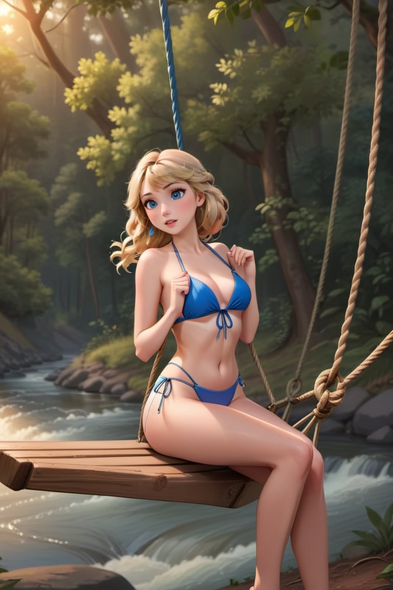 a cartoon full body of a beautiful Taylor Swift 26 years old ,blonde hair, blue eyes  wearing a skimpy blue bikini sitting on a swing holding a rope in a forest whit a river at sunset  as background in 4k,TaylorSwift,photo r3al,disney pixar style