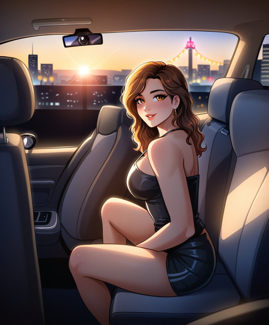 cartoon of Shakira, radiant and confident, sits in the back seat of a  black luxury car, her minidress hugs her curves, accentuating her signature movesr toned legs stretched out before her. The black leatherAs the vehicle glides through the bustling streets of New York City at sunset, the warm orange hues of the sky mingle with the city's twinkling lights, casting a romantic glow on Shakira's sultry profile.