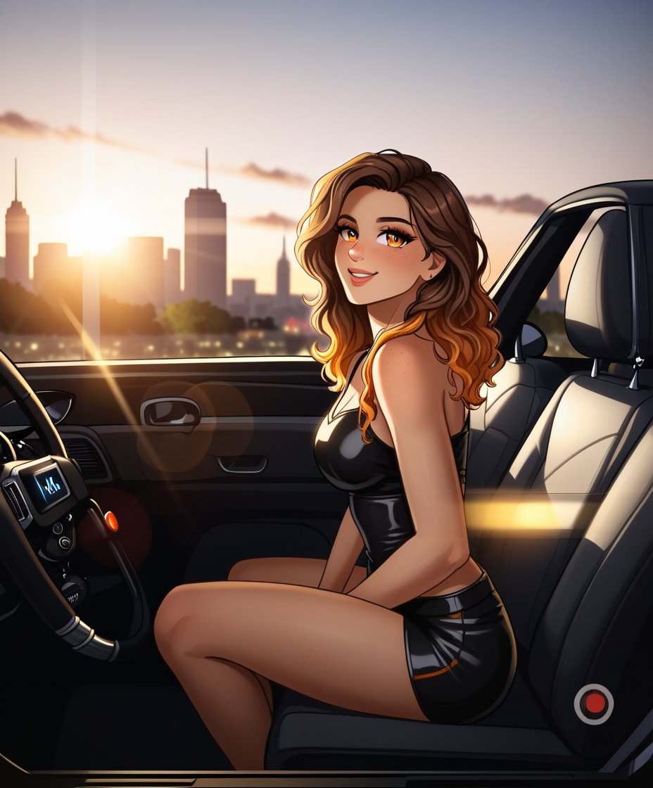 cartoon of Shakira, radiant and confident, sits in the back seat of a  black luxury car, her minidress hugs her curves, accentuating her signature movesr toned legs stretched out before her. The black leatherAs the vehicle glides through the bustling streets of New York City at sunset, the warm orange hues of the sky mingle with the city's twinkling lights, casting a romantic glow on Shakira's sultry profile.